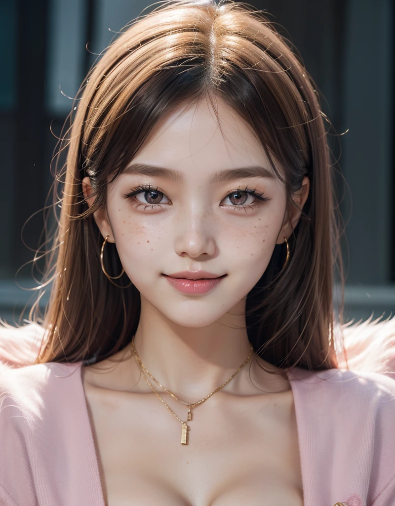 1 girl with tattoo in the neck, 25 years old, south korean, idol, masterpiece, perfect face, soft skin, freckles under eyes, short whavy pink hair, bowl cut, massive breast, shiny pink eyes, red lips, natural makeup, red eyeliners, happy, big smile, open mouth, perfect teeth, pink earrings, gold necklase, facing the spectator, bright colors, portrait, close up, face focus.