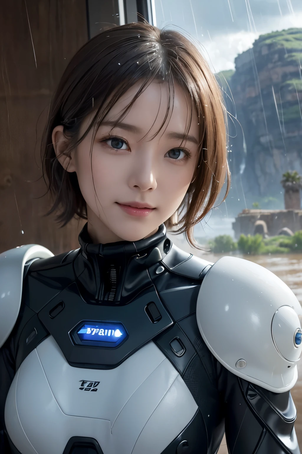 Ultra-high resolution、(Real:1.4)、One beautiful woman、Beautifully detailed eyes and skin、Light brown short hair、A Little Smile、Small Bust、A smart space suit、Wet with rain、Rain Valley、cliff、desert、heavy rain、flood、Black rain clouds、I see a spaceship in the distance、Ruins of an ancient civilization、Continuous rain、