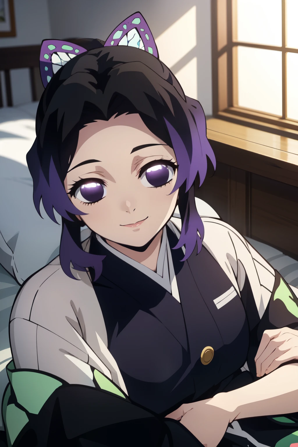 Anime background art, room background, a bed, lying on a bed, beautiful anime scenes, 4K anime art wallpaper, 4k anime art wallpaper, Rosla global illumination, anime girl, best quality, detailed, 1 girl, alone, same as LORA, same as lora, closed mouth, light smile, black hair, purple faded hair, perfect hair, black color, defined eyes, purple eyes, short hair, folded ponytail, headband, butterfly hair accessory, looking at the viewer, kimono costume.
