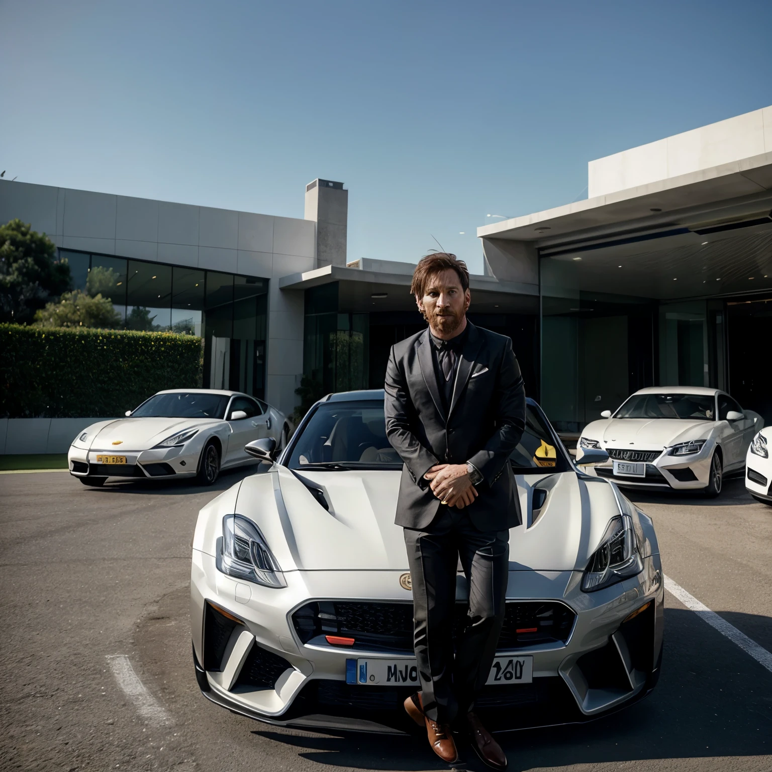 Lionel Messi in his football dress and in background there are 4 luxury cars but the cars is in white blur 