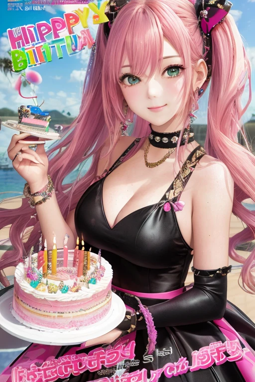 Best quality, Works of masters, A high resolution, 1girl, Super beautiful face, super beautiful eye, Super beautiful pink hair，(MagazineCover:1.2)，Trendy outfits，Expose shoulders,blushing, ((holding a birthday cake)) (((cake)))Hatsune Miku, 