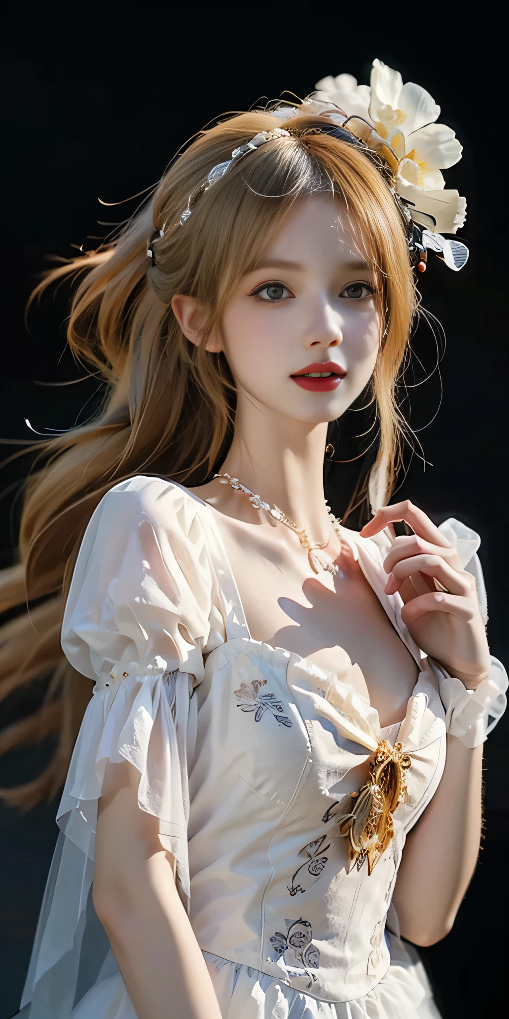 (skeleton like:0.4), ((female ornate princess)), (with blonde long flowing hair), (bright beautiful eyes), trending on artstation, flowers of hope by Jean-Honor Fragonard, Peter mohrbacher, hyper detailed, insane details, stunning, intricate, elite, art nouveau, ornate, liquid wax, elegant, extravagant, luxury, Greg Rutkowski, ink style, sticker, vector-art, beautiful character design, double exposure shot, luminous design, award winning, masterpiece, amoled black background, (full torso),