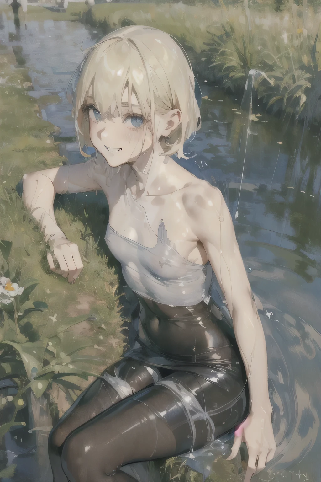 girl, Solitary,Lying forward,Prone tumble,Bangs, Long eyelashes, beautiful eyes, full,Tube Top,Short skirt,stocking, leggings,(Brushstrokes, Impressionism, painting,Rich scenery)、Disheveled,Chest contour、(((Wet clothing))(((Ultra-thin clothing))),((Flesh outline)),Grinning