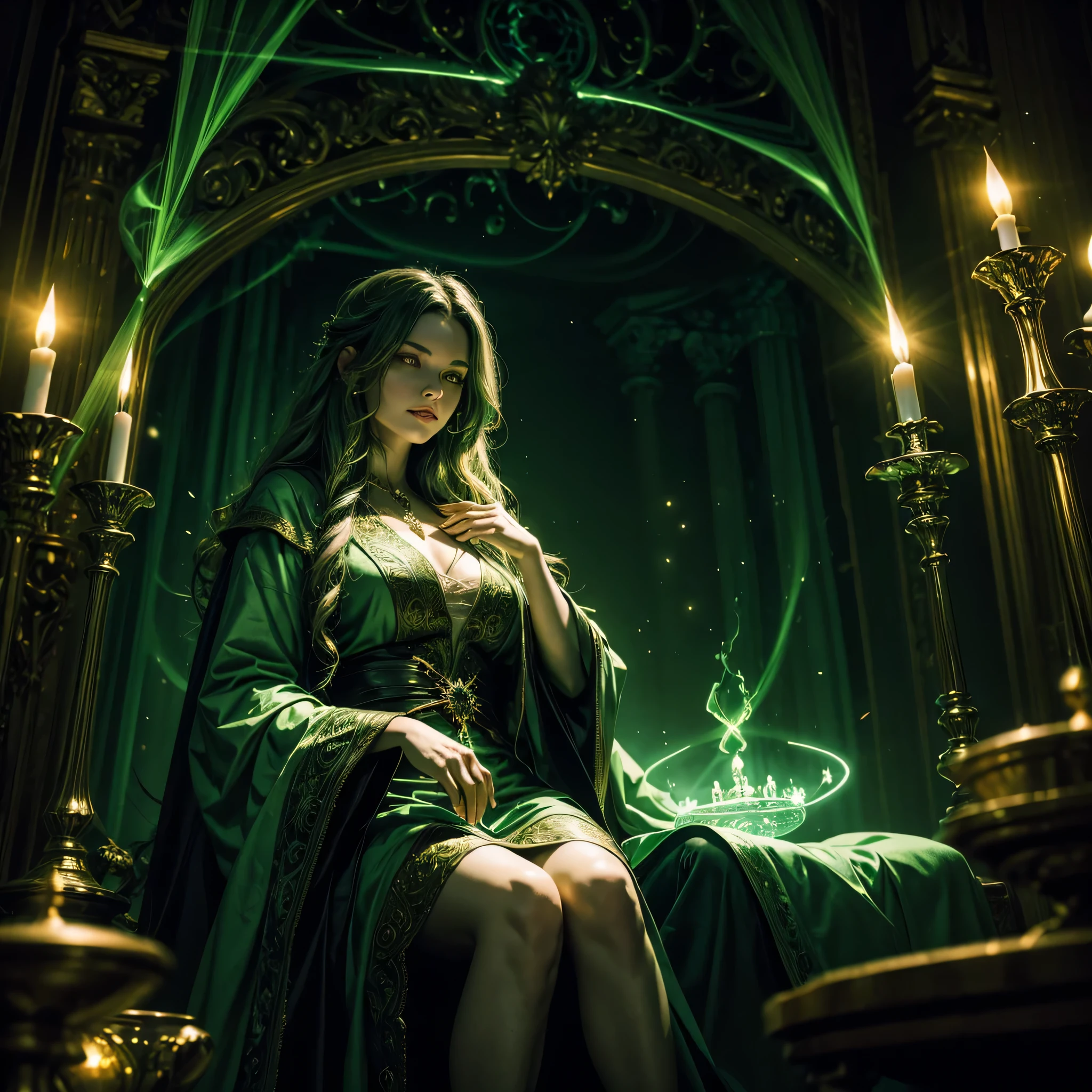 masterpiece, ultra detailed, high resolution, best quality image of a witch, with long flowing fair, wearing a green robe, sitting crossed leg in a room, surrounded by candles, burning with green glame, glowing with eerie green light, volumetric lighting, eerie green light is everywhere, the witch is casting a spell and there is a glowing magic circle behind her which is the only thing that is not green