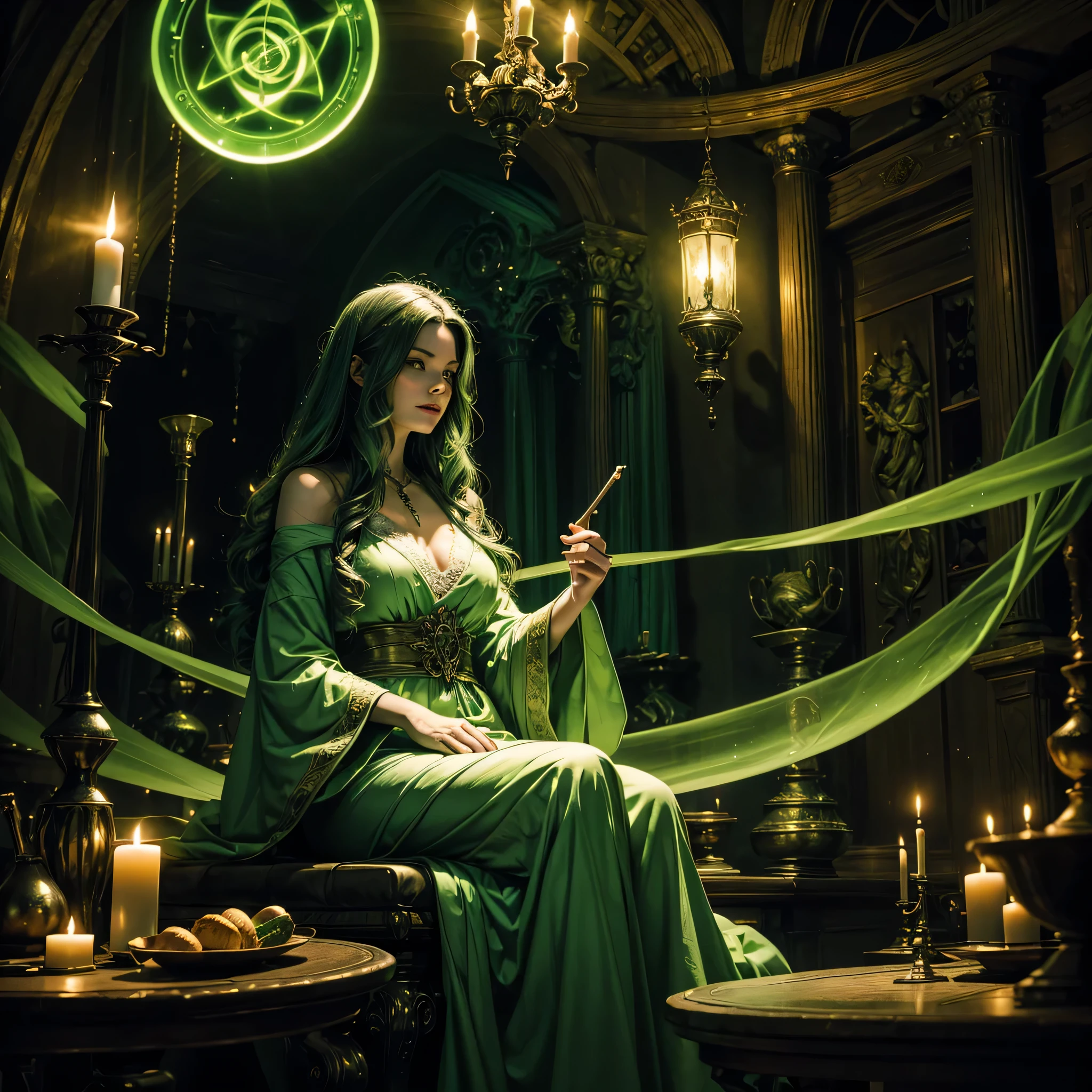 masterpiece, ultra detailed, high resolution, best quality image of a witch, with long flowing fair, wearing a green robe, sitting crossed leg in a room, surrounded by candles, burning with green glame, glowing with eerie green light, volumetric lighting, eerie green light is everywhere, the witch is casting a spell and there is a glowing magic circle behind her which is the only thing that is not green