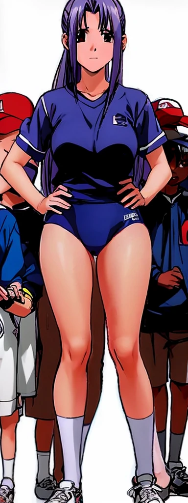 Momoko Koigakubo, a tall girl with beautiful legs, is wearing white gym clothes and light navy blue bloomers that look like panties, and is standing with her legs spread apart with a smile.。Next to Momoko Koigakubo, a -gradewith a shaved head and wearing a tracksuit is grabbing her thighs with a huge smile.。
