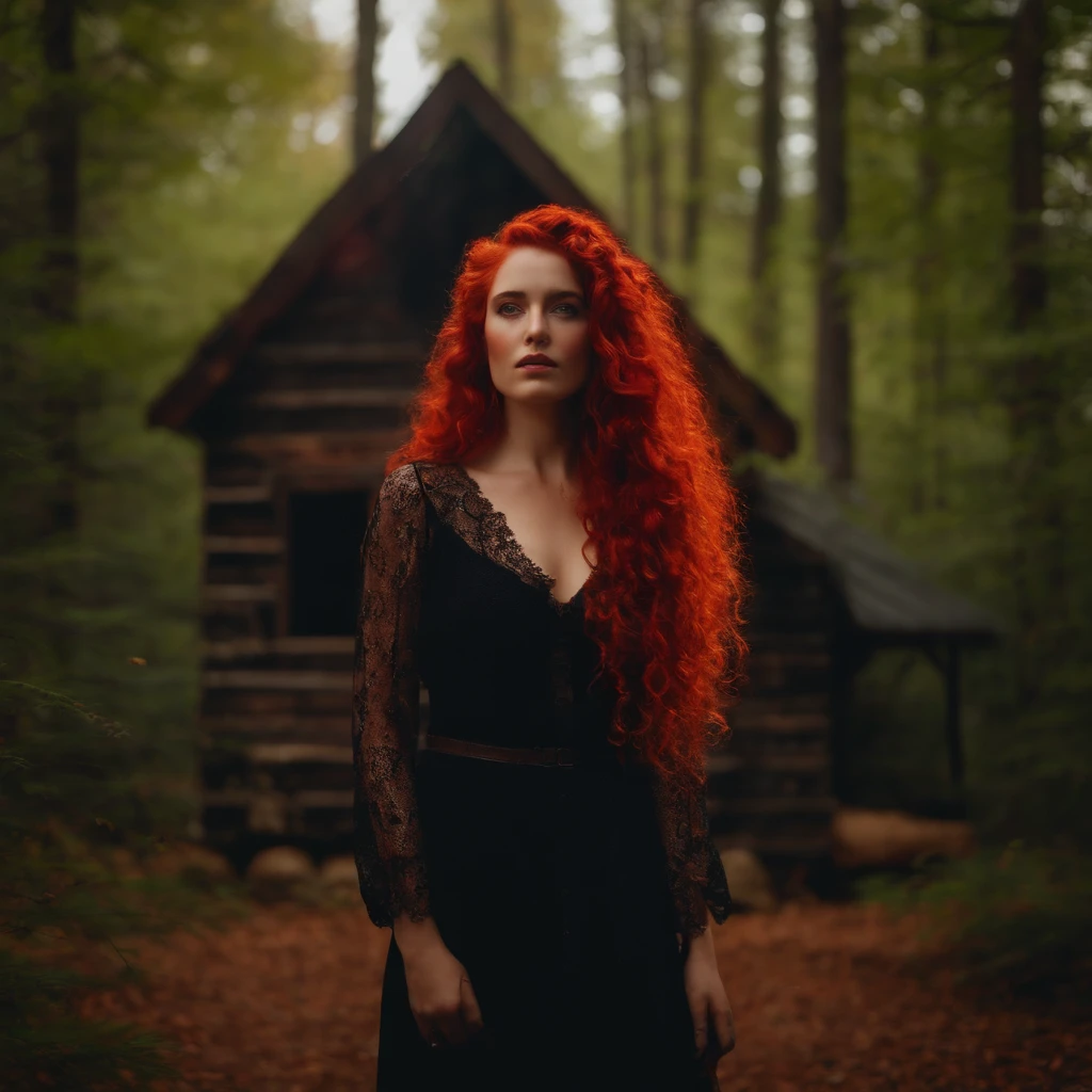 Gothic woman with long curly hair red as fire, gray eyes and cheeks dotted with freckles standing in front of a cabin hidden in the woods