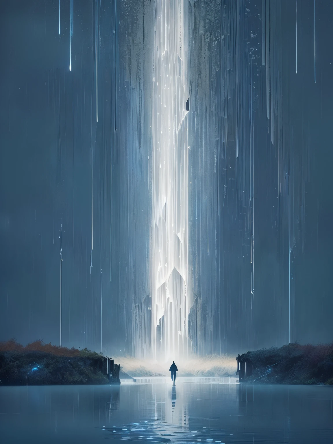 there is a man standing in the water with a Fall, solitude under a Fall, Absolutely outstanding image, inspired author:Hugh Ferris, an endless Fall, Rain, author:Hugh Ferris, Fall, under Fall, heavy rain, Inspired by Christopher Balaskas, under a Fall, Xin Haicheng. —h 2160, rain