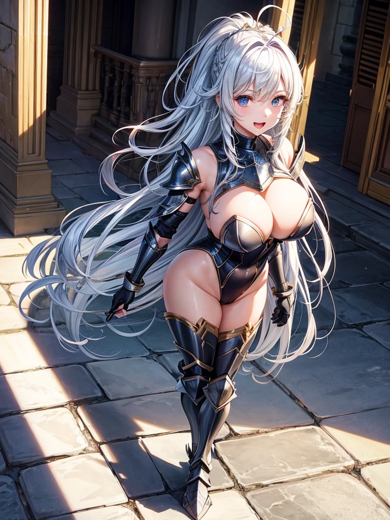 Woman knight、a beauty girl、huge tit、Excellent style、Nice Buddy、glamorous、leotard、s Armor、Shoulder rest armor、Bra chest armor、knee boots、gauntlets、hair adornments、silber hair、Longhaire、Ahoge、is standing、full body seen 、Medieval city、Walking、slightly open mouth、a smile、