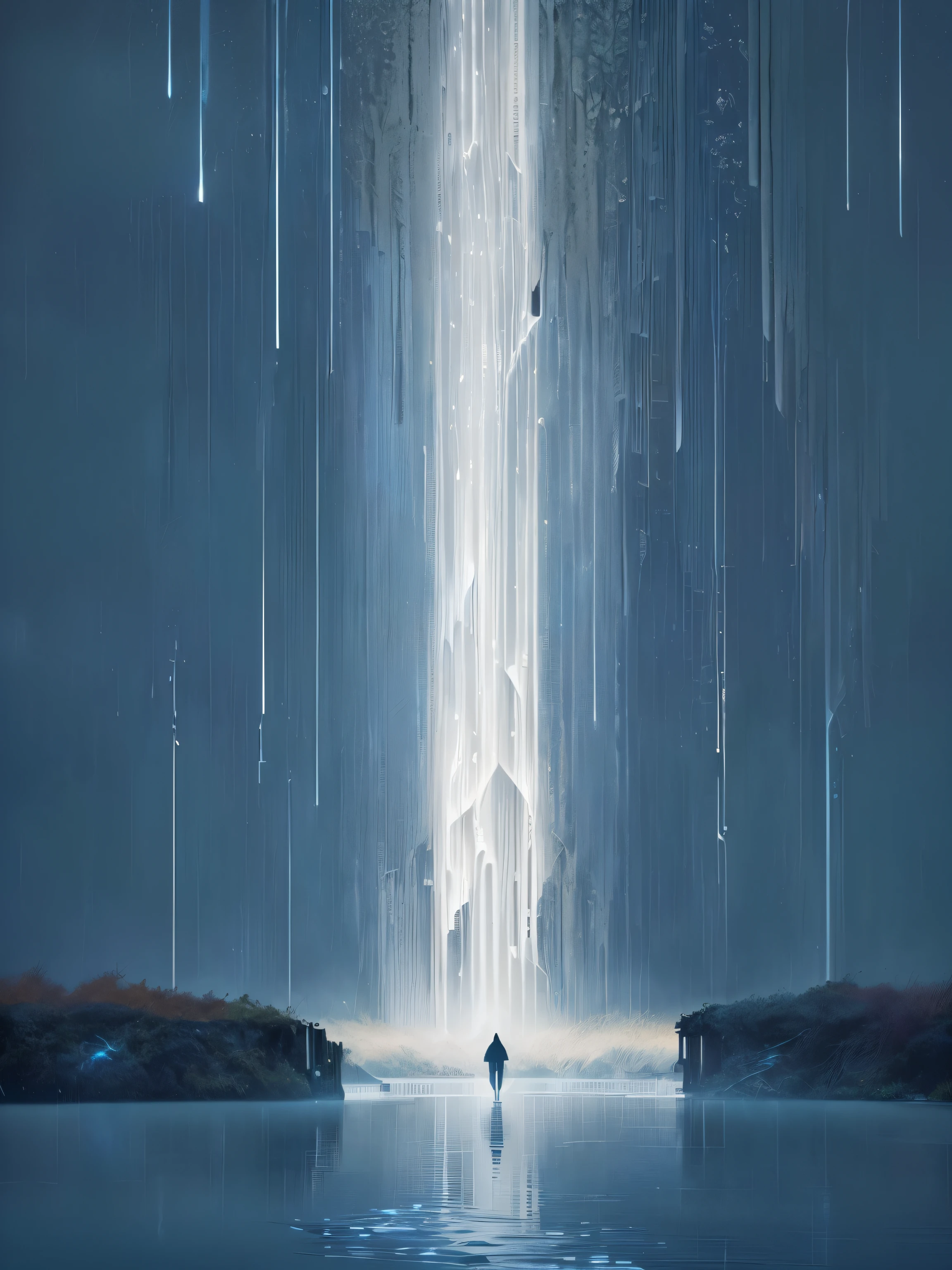 there is a man standing in the water with a Fall, solitude under a Fall, Absolutely outstanding image, inspired author：Hugh Ferris, an endless Fall, Rain, author：Hugh Ferris, Fall, under Fall, heavy rain, Inspired by Christopher Balaskas, under a Fall, Xin Haicheng. —h 2160, rain