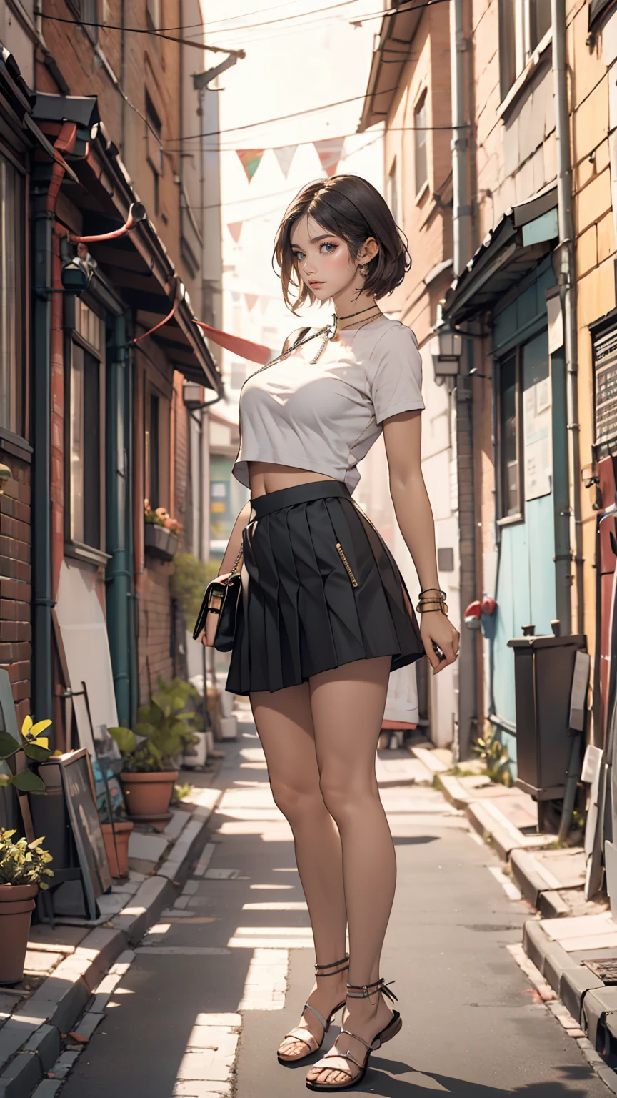 24-year-old female、long hair、Straight Hair、Shiny hair、Sexy proportions、Wear a lace choker、Wear a halter top、Cleavage Emphasis、Wear a low-rise, mini-length pleated skirt、Belly button visible、Wear stiletto heels、smile、Background of a square surrounded by historic buildings in the old town、Plenty of sunshine、
