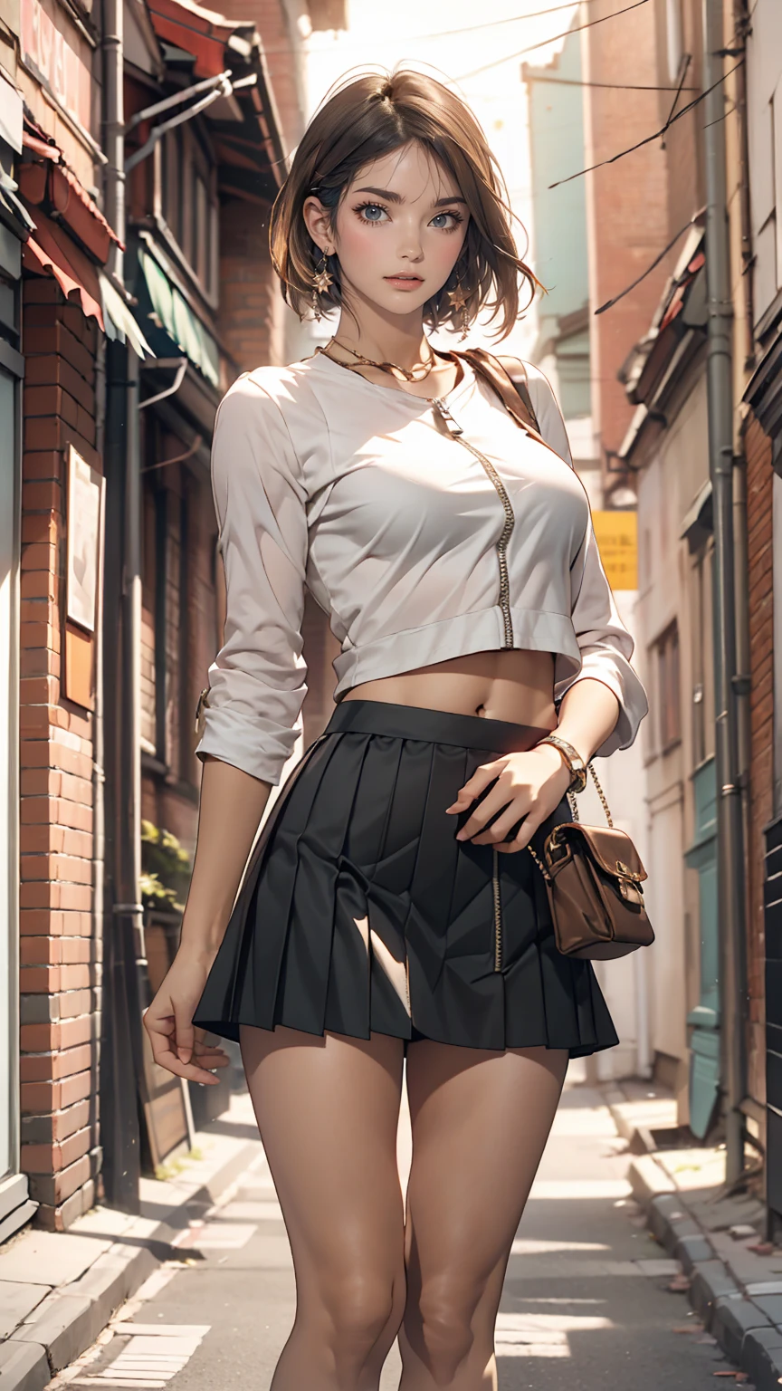 24-year-old female、long hair、Straight Hair、Shiny hair、Sexy proportions、Wear a lace choker、Wear a halter top、Cleavage Emphasis、Wear a low-rise, mini-length pleated skirt、Belly button visible、Wear stiletto heels、smile、Background of a square surrounded by historic buildings in the old town、Plenty of sunshine、