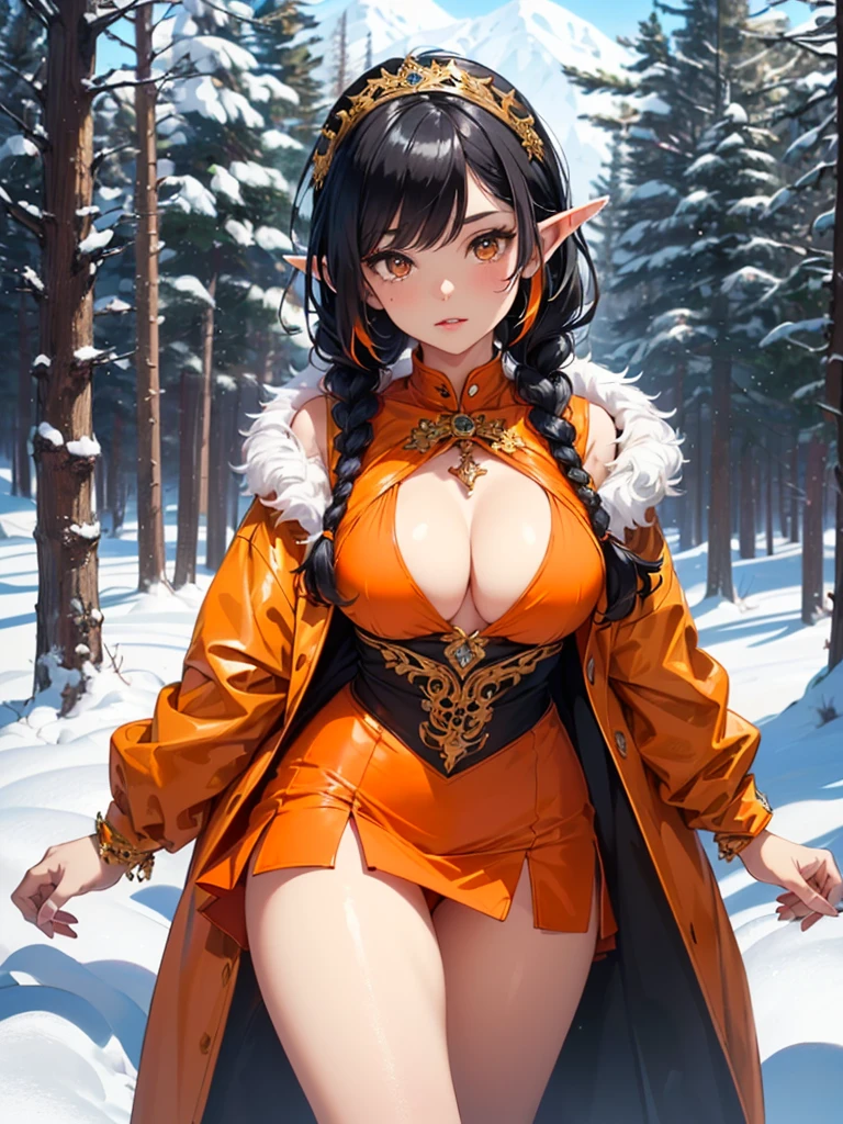 cute elf,(((little ,tiny little body,little))),((())),((anime elf with extremely cute and beautiful orange hair)), (((elf))), (((elf ears))),
(((flat chest))),((((black hair:1.35,messy orange hair,long hair,huge braids,colored inner hair,ear breathing)))),(((orange_eyes:1.3))),intricate eyes,beautiful detailed eyes,symmetrical eyes,big eyes:1.5,(((lustrous skin:1.5,bright skin: 1.5,skin tanned,shiny skin,very shiny skin,shiny body,plastic glitter skin,exaggerated shiny skin,illuminated skin))),(detailed body,(detailed face)),
cute,slutty,erotic,daring,(((nsfw))),
zettai ryouiki,revealing clothing,show skin,(((Sexy orange coat, orange coat outfit, wearing a orange coat:1.3,orange winter coat))), ((orange mini-skirt,orange mini skirt with furry edge,visible thong straps)),(white gloves,orange clothes,semi-naked,with little orange clothing,((((furry edge clothing)))),(((intricate outfit,intricate clothes,embroidered outfit,ornate outfit))),
(dynamic pose:1.0),embarrassed,(centered,scale to fit dimensions,Rule of thirds),
((snowy pine forest at night)),with dark stormy clouds,winter,scenery:1.25,((snow forest background)),Christmas tree,
highres,sharp focus,(ultra detailed,extremely detailed),(photorealistic artwork:1.37),(extremely detailed CG unity 8k wallpaper),(((vibrant colors,vibrant theme))),(intricate),(masterpiece),(best quality),