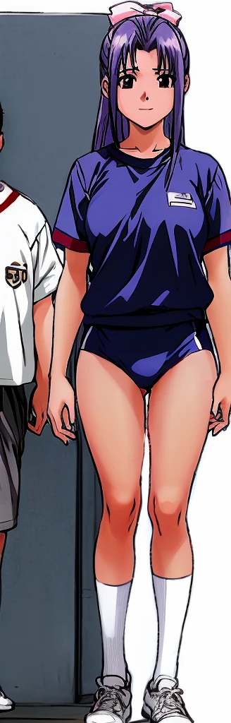 Momoko Koigakubo, a tall girl with beautiful legs, is wearing white gym clothes and light navy blue bloomers that look like panties, and is standing with her legs spread apart with a smile.。Next to Momoko Koigakubo, a third-grade boy with a shaved head and wearing a tracksuit is grabbing her thighs with a huge smile.。