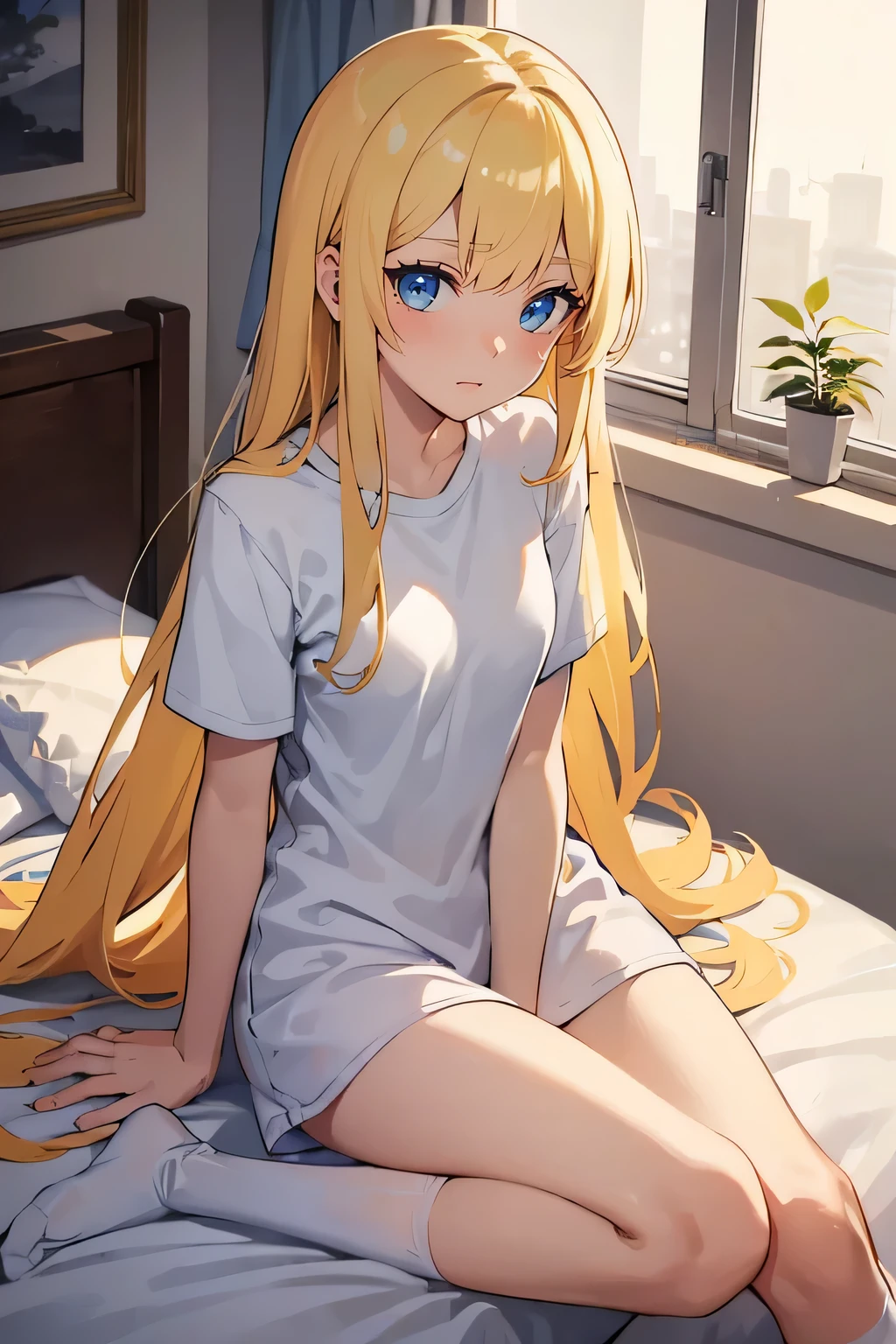 Safe for work, masterpiece, best quality, solo, 1 girl, looking at camera, (young female body:1.4), ( medium small breasts), golden yellow hair, extra long hair, blunt bangs, crystal blue eyes, very detailed eyes, bedroom, sitting on bed, night time, oversized white tshirt, baggy white tshirt, knee high socks, smiling, blushing, 