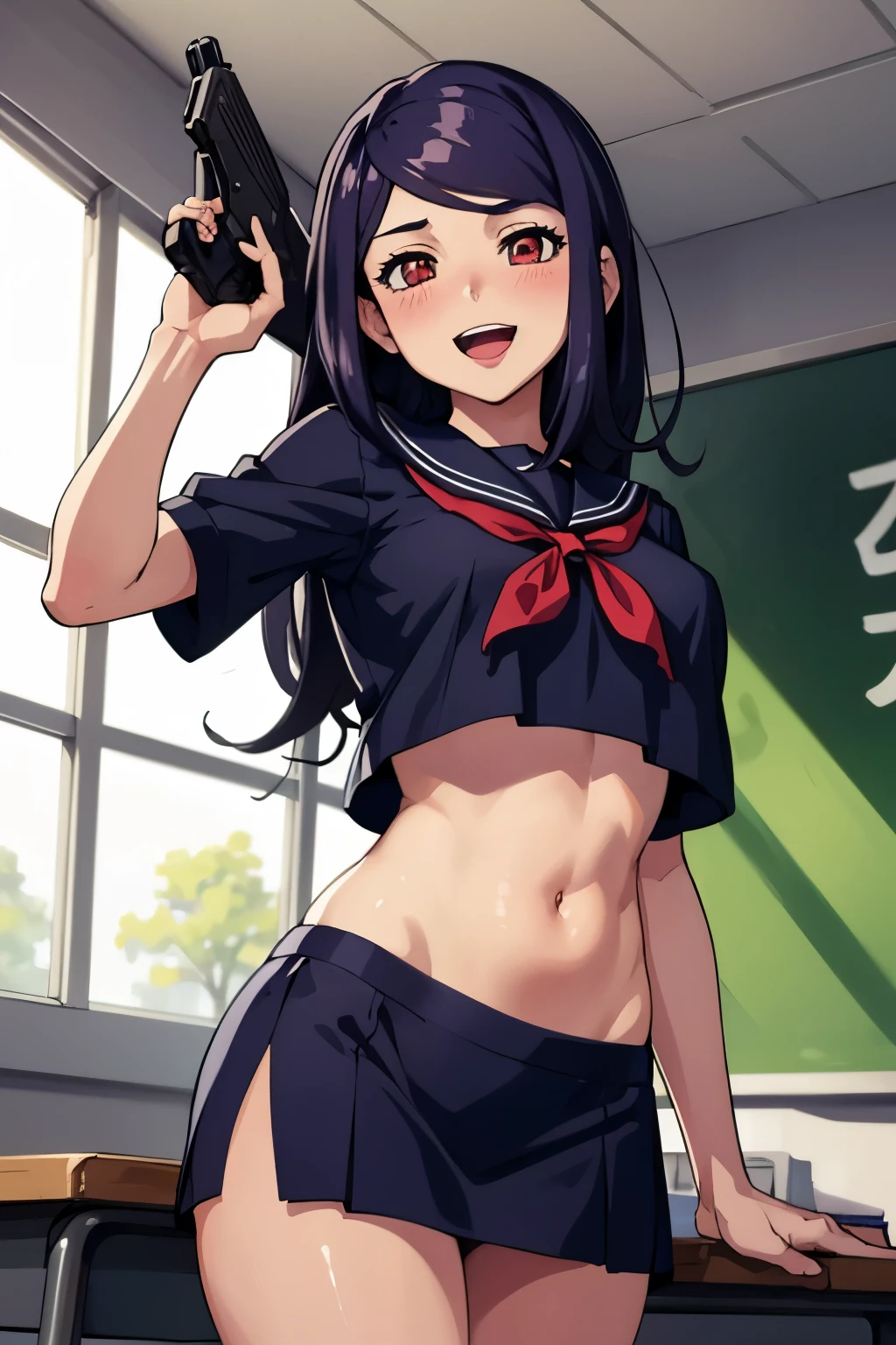 defJill, long hair, cigarette in mouth, smoke, blush, lipstick,large breast,
masterpiece, best quality, highly detailed, a anime girls in sailor uniforms with a gun posing for a picture,
evil smile, smile, open mouth,black_serafuku, ecchi anime style, anime girls ,
ecchi style, ecchi, shipgirls, digital anime art!!, high school girls, holding a gun, hold a gun, anime style 4
k, micro skirt, exposed belly, exposed navel, exposed midriff,
exposed lower belly,school, classroom,