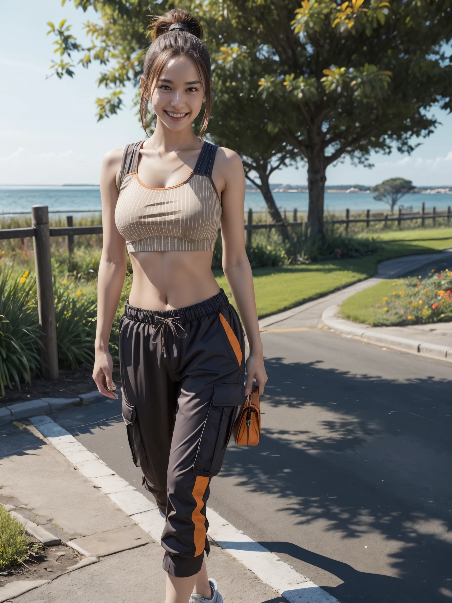 1girl, loose crop top, navel, detailed face, cargo pants, jogging track, roadside, ponytail, big tree, sharp focus, blurry background, handbag, brown ribbon, brown hair, brown eyes, stylish, orange, stripes sportswear, garden by the sea, smile, underboob, gigantic breasts, 