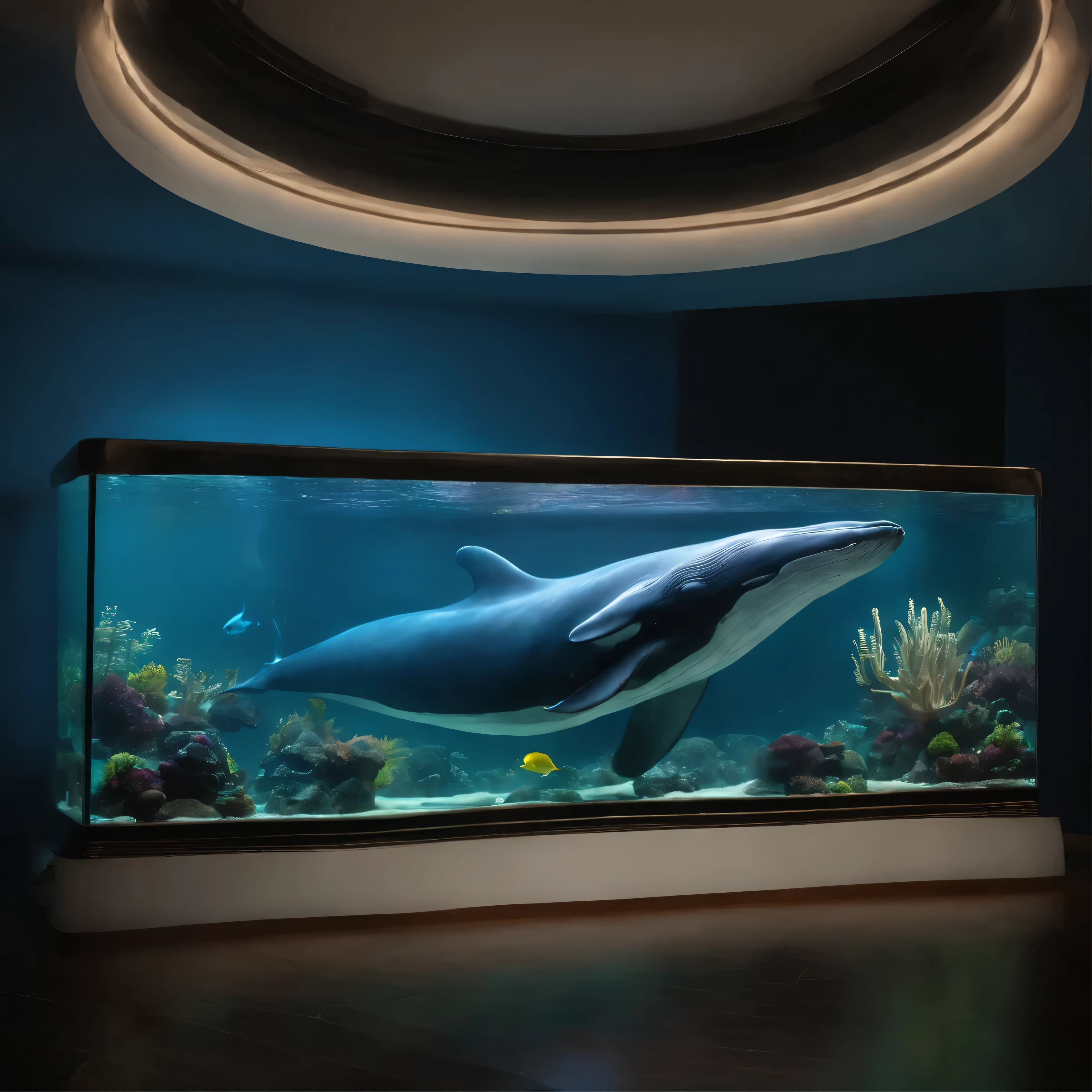movie lighting, Glowing lights, masterpiece, precise, Super Detail, high quality, The award-winning, 8k Blue whale swimming in fish tank,The three images have the same background, The three images with the same whale in each of them: left side, front, and right side