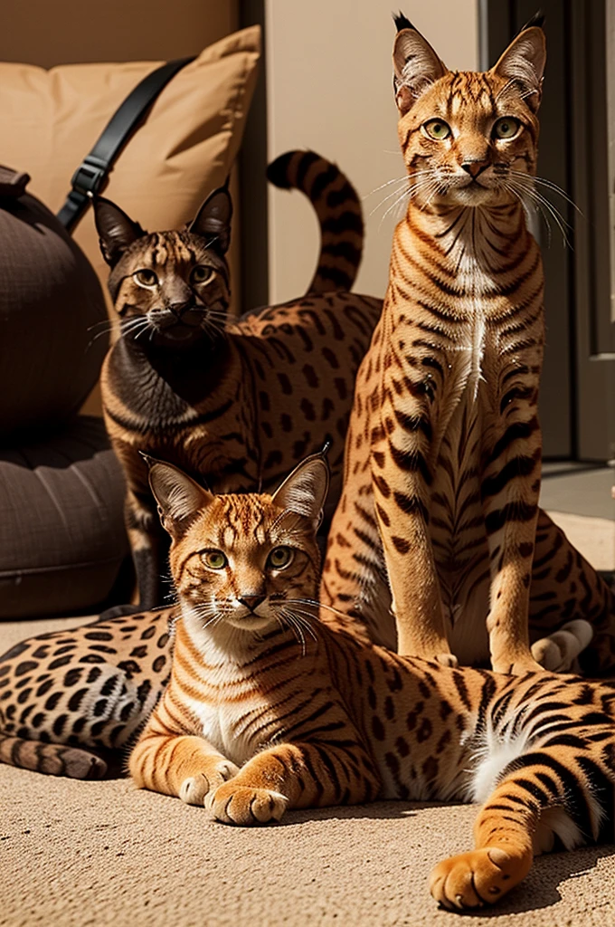 A orange cat, a bengal cat, a siamese cat, a carey cat and black cat and a lynx togheter possing for the camera.