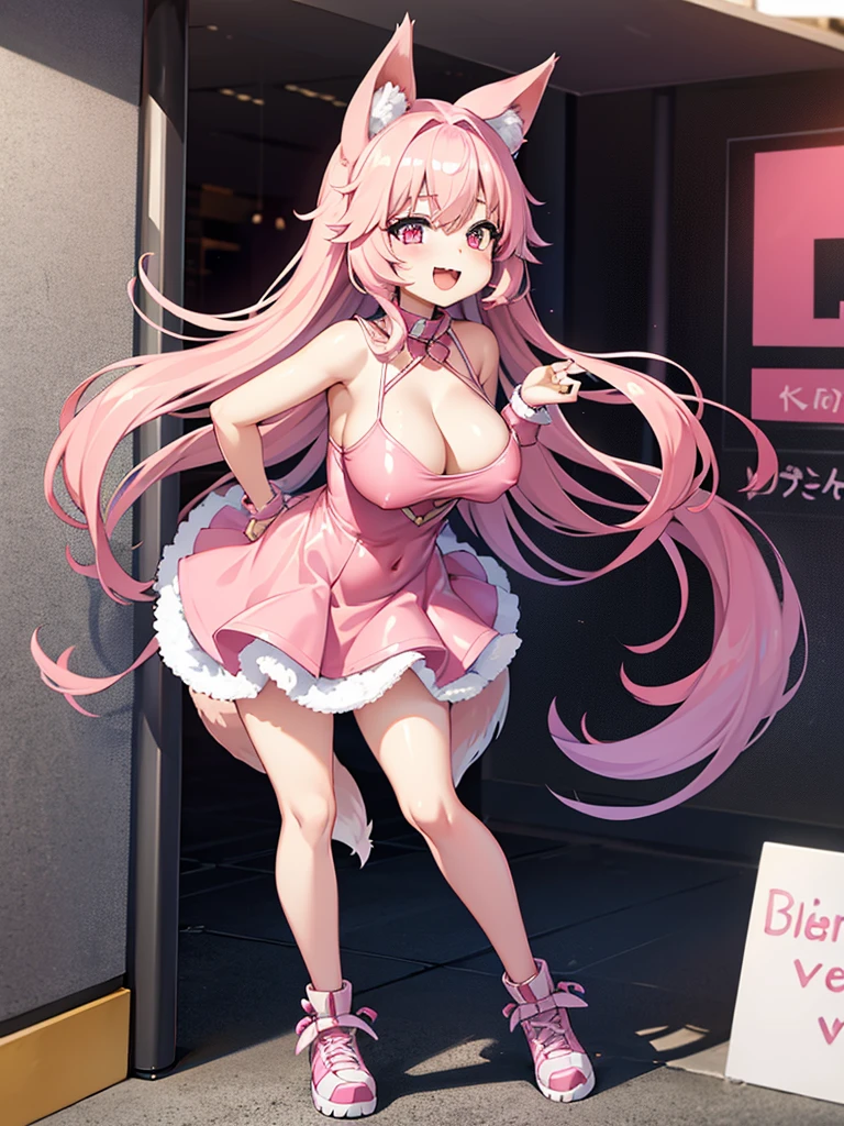 Happy young girl, with wolf ears and pink hair, holding her cheeks, wolf tail, wearing a latex dress, looking at veiwer, full body, you can see her chest, naked breasts