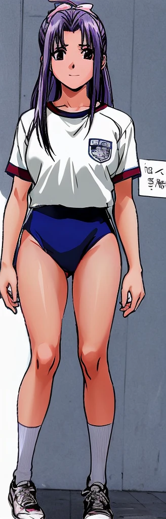 Momoko Koigakubo, a tall girl with beautiful legs, is wearing white gym clothes and light navy blue bloomers that look like panties, and is standing with her legs spread apart with a smile.。Next to Momoko Koigakubo, a -gradewith a shaved head and wearing a tracksuit is grabbing her thighs with a huge smile.。