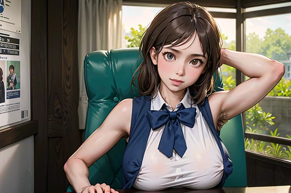 1lady solo, sitting, office worker, ((navy vest:1.1) over gray sleeveless dress shirt), mature female, /(dark brown hair/), kind smile, (masterpiece best quality:1.2) delicate illustration ultra-detailed, sagging huge breasts, bowtie BREAK (modern office) indoors, (reception desk), (stylish company logo on wall) , detailed background, ((showing hairy armpit hair)), hand behind the head 