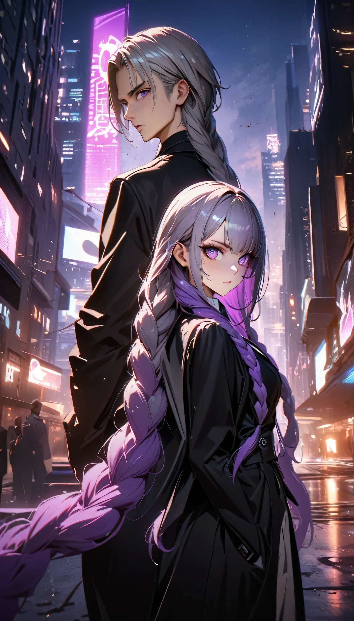 detailed portrait of two secret agent lovers, man and woman standing back-to-back looking at the viewer, yinji , purple hair,purple eyes,very long hair,grey hair,double braid,gradient hair, Full body , cinematic dramatic lighting, high contrast, cool color tones, intricate detailed facial features, intense gaze, elegant classy attire, urban city background, gritty sci-fi atmosphere, masterpiece, 8k, photorealistic