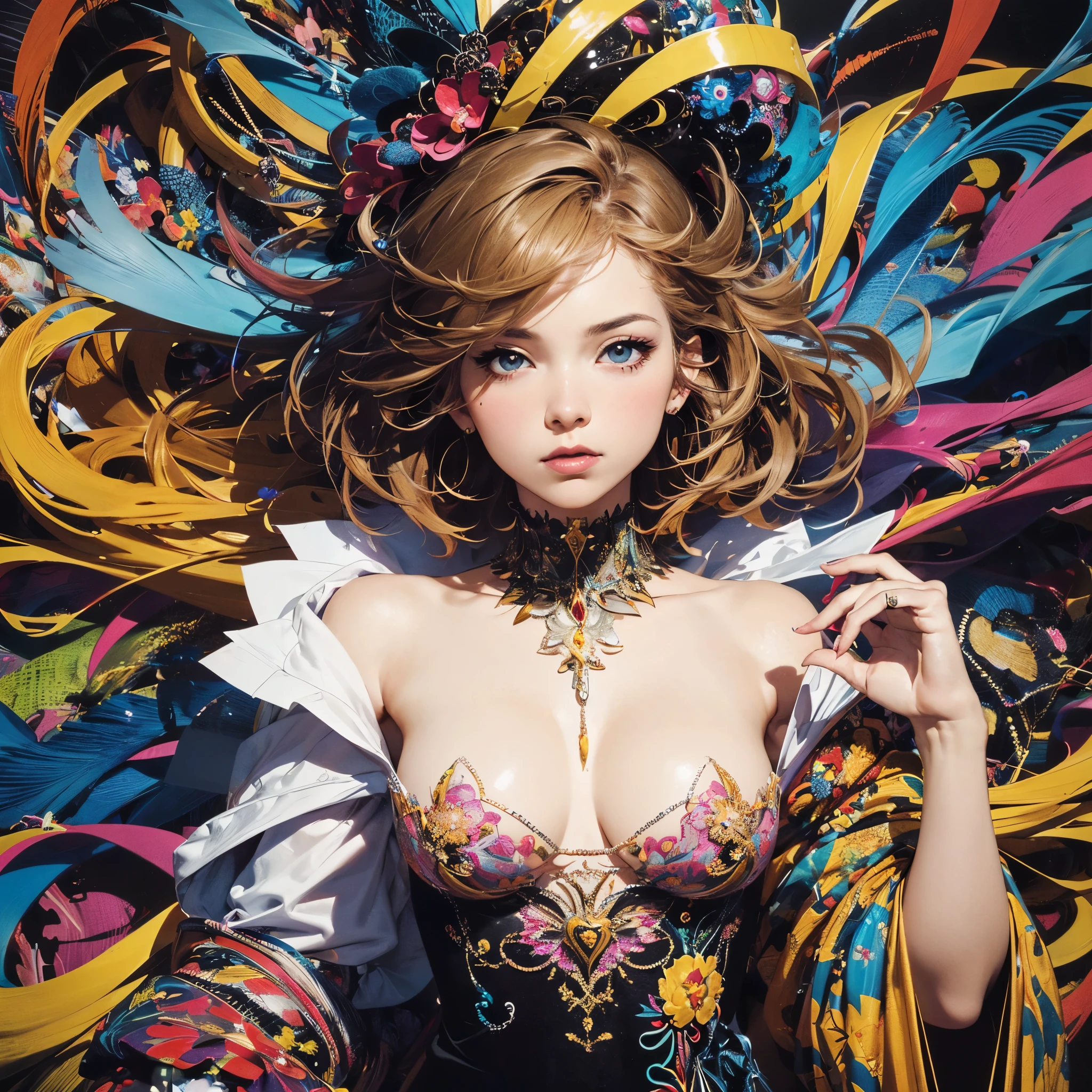 (((Official Art, unity 8k wallpaper, Very detailed, beautifully、aesthetic, masterpiece, highest quality))), (zenTangle, Mandala, Tangle, enTangle), ((Fractal Art:1.3)) , (((One perfect girl))), (Very detailedな裸), Dynamic Angle, Cowboy Shot, The most beautiful form of chaos, elegant, Brutal Designer, Bright colors, Romanticism, James Jean, Robbie Dowie Anton, Ross Tran, Francis Bacon, Michael Mraz, Petra Cortright, Gerhard Richter,Ashley Wood, Ecstasy,mysterious,glossy,wonderful,Almost naked,flashy,Colorful,Transparent blouse,rainbow,mysterious,((Mr.々Angle,Provocative look)),