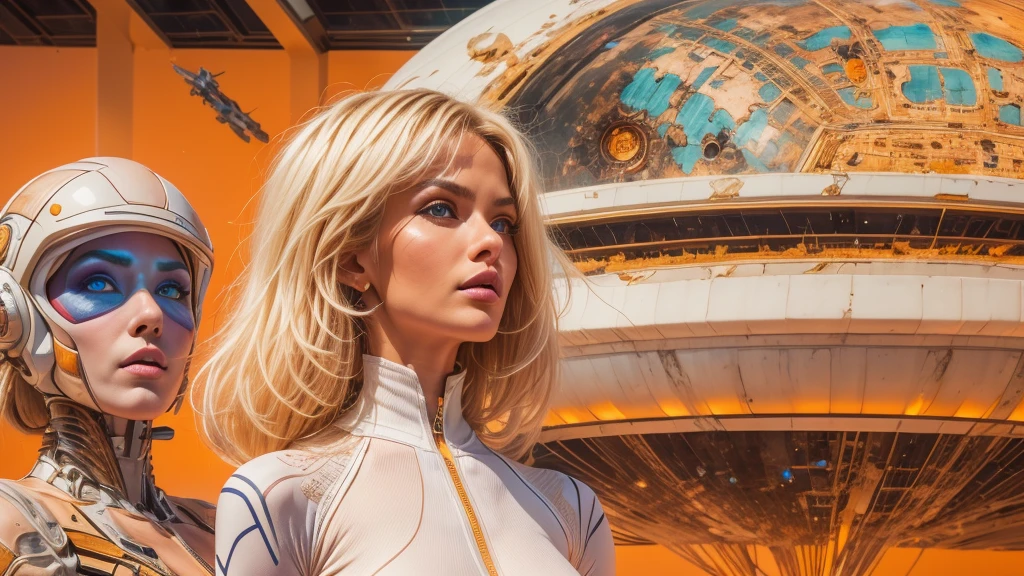 arafed image of a white woman in a futuristic suit with a spaceship in the background, movie art, in front of an orange background, inspired by Robert McGinnis, female protagonist, megastructure in the background, portrait of an ai astronaut, astronauts, an astronaut, portrait of a astronaut skeletor, perfect android girl, detailed eyes, perfectly detailed teeth, frank franzzeta and sakimichan  