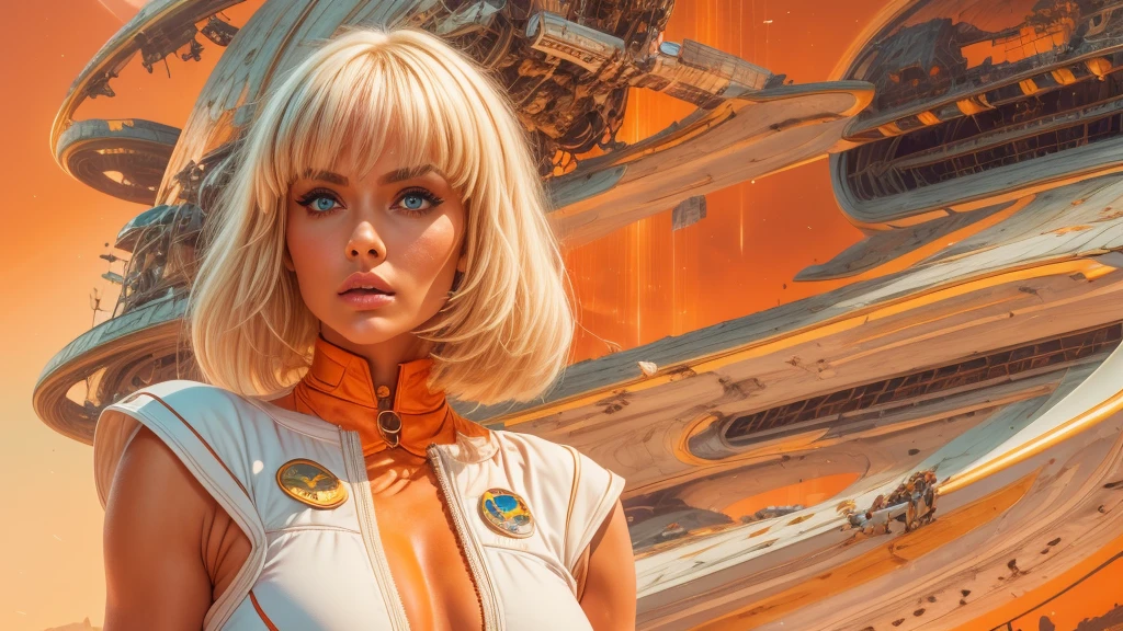 arafed image of a white woman in a futuristic suit with a spaceship in the background, movie art, in front of an orange background, inspired by Robert McGinnis, female protagonist, megastructure in the background, portrait of an ai astronaut, astronauts, an astronaut, portrait of a astronaut skeletor, perfect android girl, detailed eyes, perfectly detailed teeth, frank franzzeta and sakimichan  