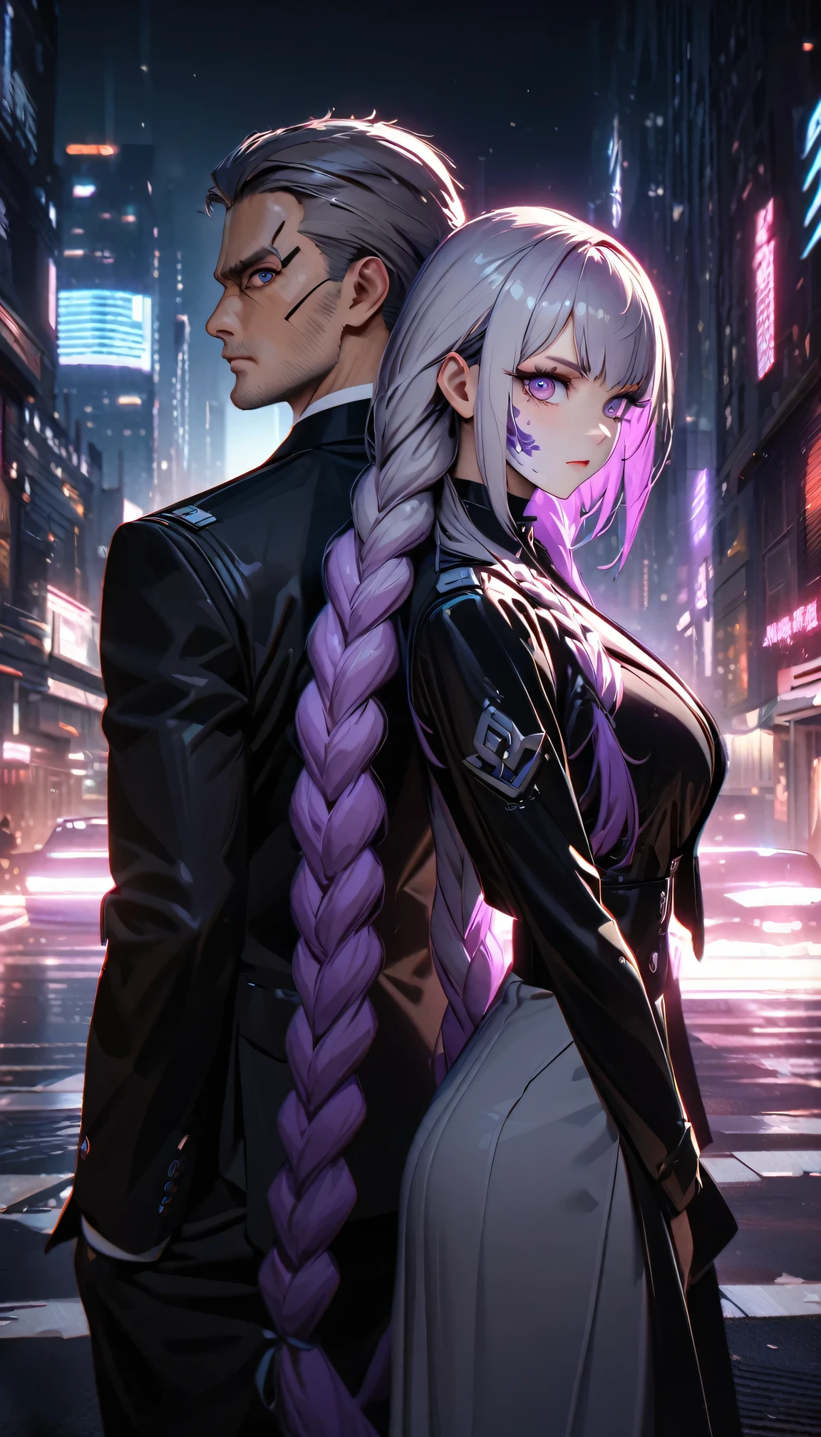 detailed portrait of two secret agent lovers, man and woman standing back-to-back looking at the viewer, yinji , purple hair,purple eyes,very long hair,grey hair,double braid,gradient hair, Full body , cinematic dramatic lighting, high contrast, cool color tones, intricate detailed facial features, intense gaze, elegant classy attire, urban city background, gritty sci-fi atmosphere, masterpiece, 8k, photorealistic