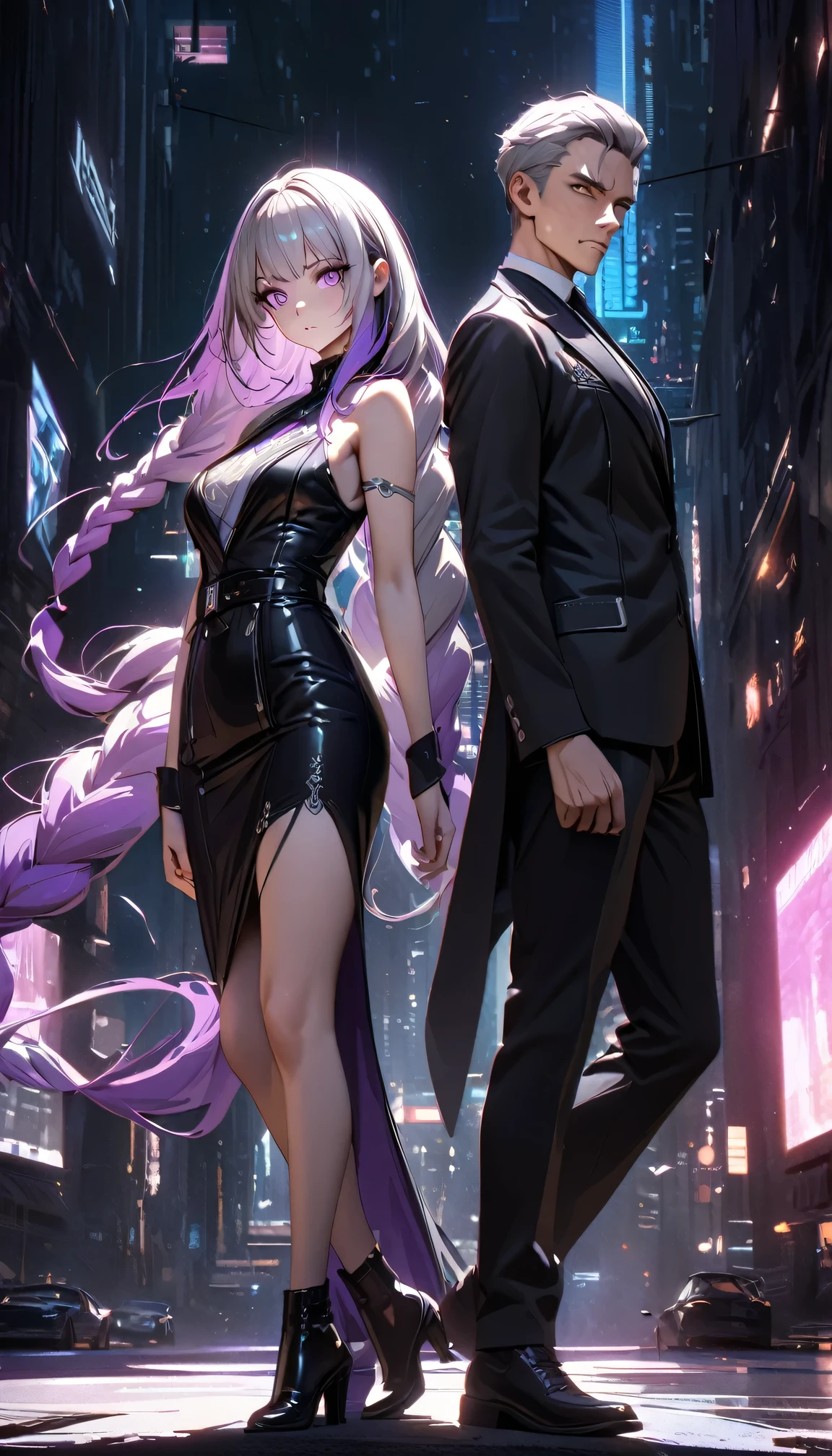 detailed portrait of two secret agent lovers, man and woman standing back-to-back looking at the viewer, yinji , purple hair,purple eyes,very long hair,grey hair,double braid,gradient hair, Full body , cinematic dramatic lighting, high contrast, cool color tones, intricate detailed facial features, intense gaze, elegant classy attire, urban city background, gritty sci-fi atmosphere, masterpiece, 8k, photorealistic