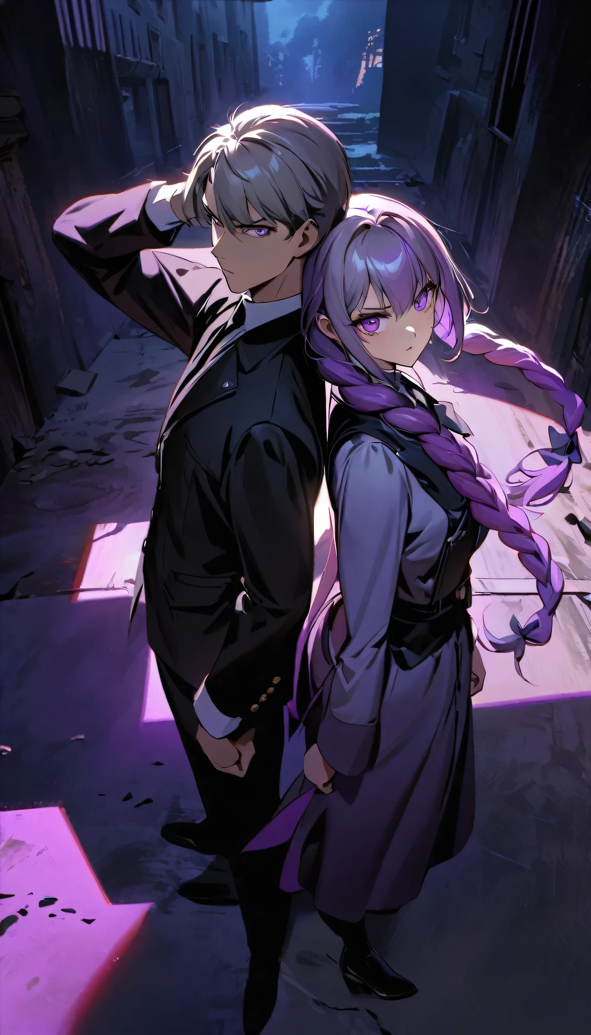 cinematic spy thriller poster, a couple of spies back to back, man and woman standing back-to-back looking at the viewer, yinji , purple hair,purple eyes,very long hair,grey hair,double braid,gradient hair, Full body , high contrast lighting, dramatic shadows, intense facial expressions, covert mission, secret agents, cold war era, action, suspense, intrigue,chiaroscuro lighting, moody atmosphere, cinematic composition, bold color palette, striking poses, tense body language, adventure, mystery, danger