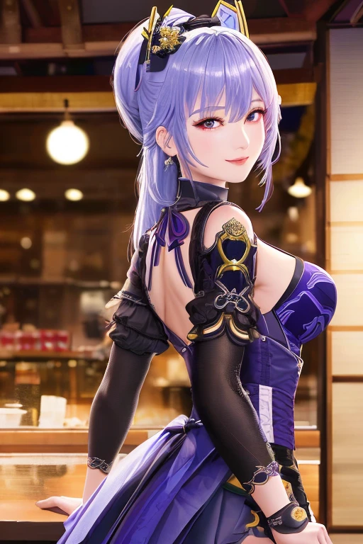 
1girl,raiden shogun,genshin impact,
seductive smile,  from side, head back, looking at viewer,  half-closed eyes, close up on upper body,
maid outfit,
cafe,, (masterpiece:1.2),(best quality:1.2), (absurdres:1.2), (detailed background),newest, ai-generated,
