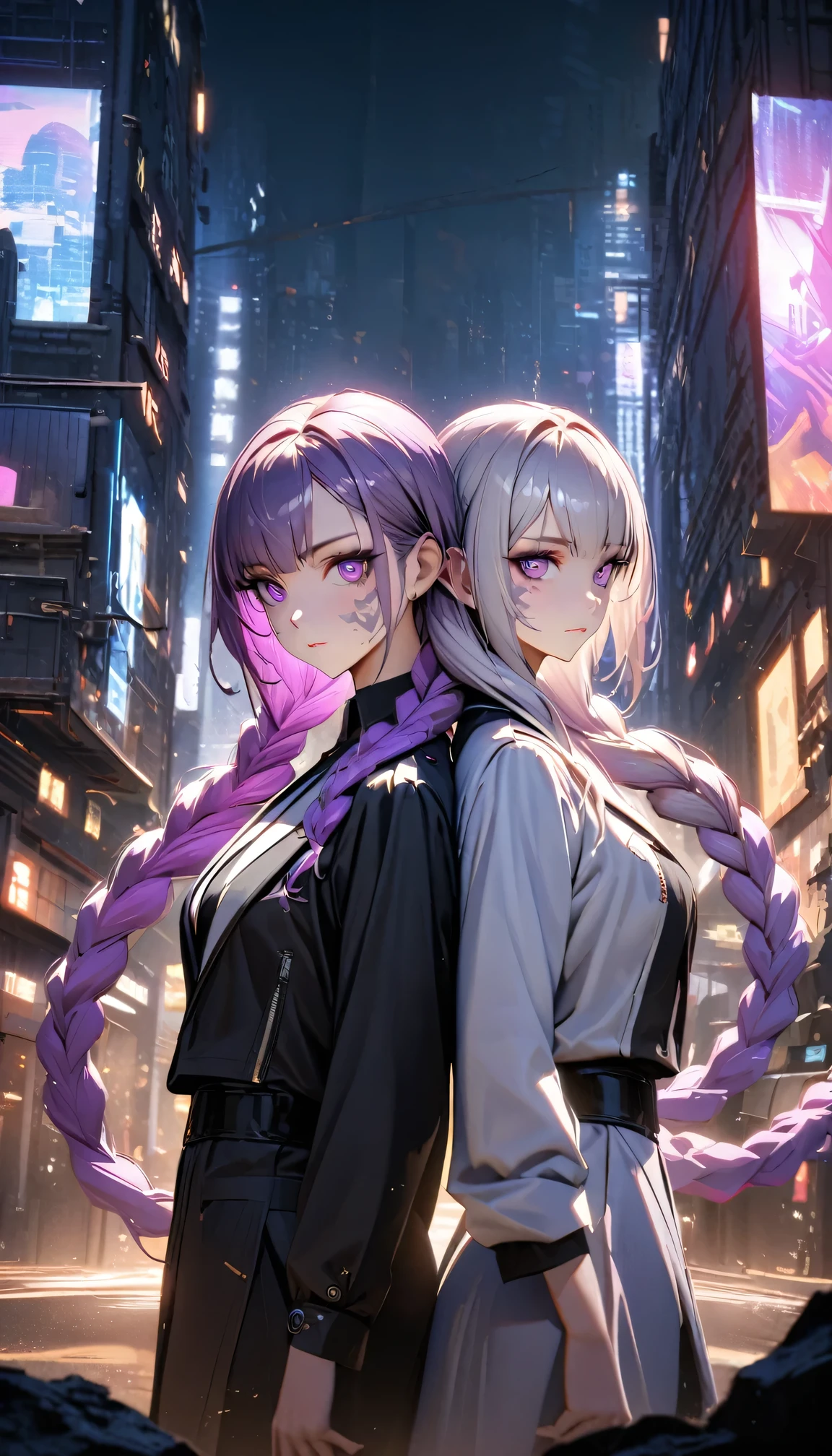 detailed portrait of two secret agent lovers, man and woman standing back-to-back looking at the viewer, yinji , purple hair,purple eyes,very long hair,grey hair,double braid,gradient hair, Full body , cinematic dramatic lighting, high contrast, cool color tones, detailed facial features, intense gaze, elegant classy attire, urban city background, gritty sci-fi atmosphere, masterpiece, 8k, photorealistic