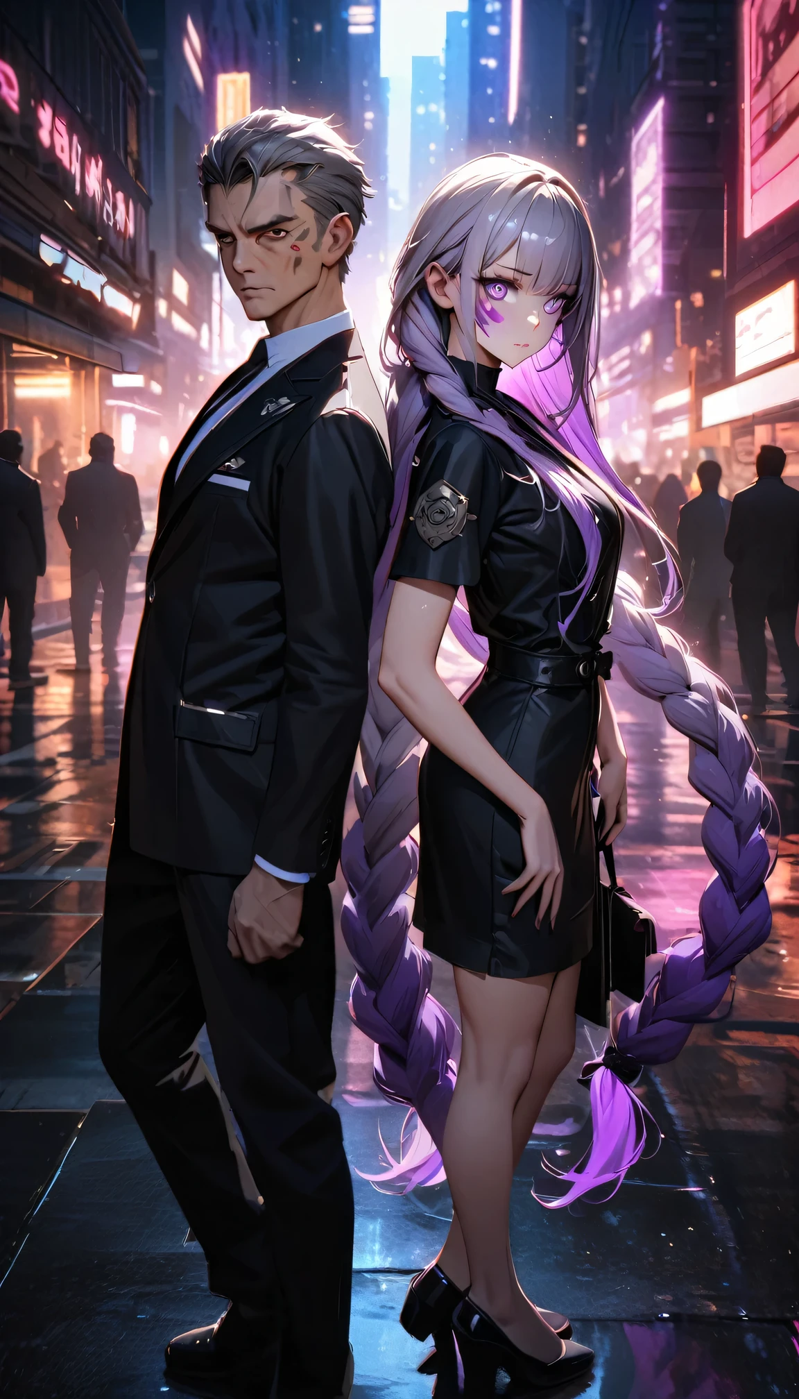detailed portrait of two secret agent lovers, man and woman standing back-to-back looking at the viewer, yinji , purple hair,purple eyes,very long hair,grey hair,double braid,gradient hair, Full body , cinematic dramatic lighting, high contrast, cool color tones, detailed facial features, intense gaze, elegant classy attire, urban city background, gritty sci-fi atmosphere, masterpiece, 8k, photorealistic