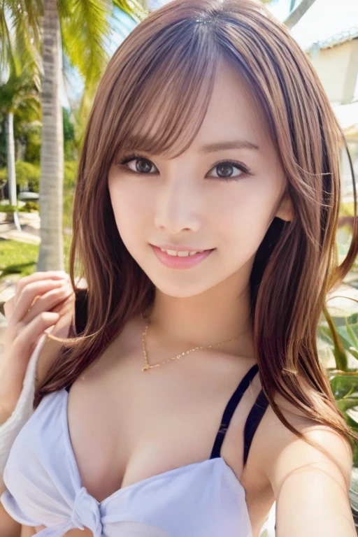 (Realistic:1.4, 8k), highest quality, masterpiece, Ultra-high resolution, Perfect dynamic composition, (Cinematic lens effects), Bikini Swimwear、(Beautiful Face), (Brown Hair:1.3, bangs, Long Hair), Highly detailed skin and facial textures:1.3, Sunburned skin:1.0, perfect small breasts, Shining Legs, Limb details, Cute and sexy 18 year old girl (Totally captivates you:0.9), (Gal Makeup, eyeliner, Lip gloss, Beautiful erotic eyes:0.85), Sexy Face:0.8, (Beautiful Eyes, Thick lips, A taste of beautiful eroticism:0.85), (Too cute beauty:0.9), (Looking into the camera),(Extreme close up:1.3), Poolside、Are standing、Bikini Sexy Swimwear((A shy smile、Very small breasts、A bust like a board、View from the front、))、Lots of eyelashes、skeletally correct、1 girl、Slim figure、