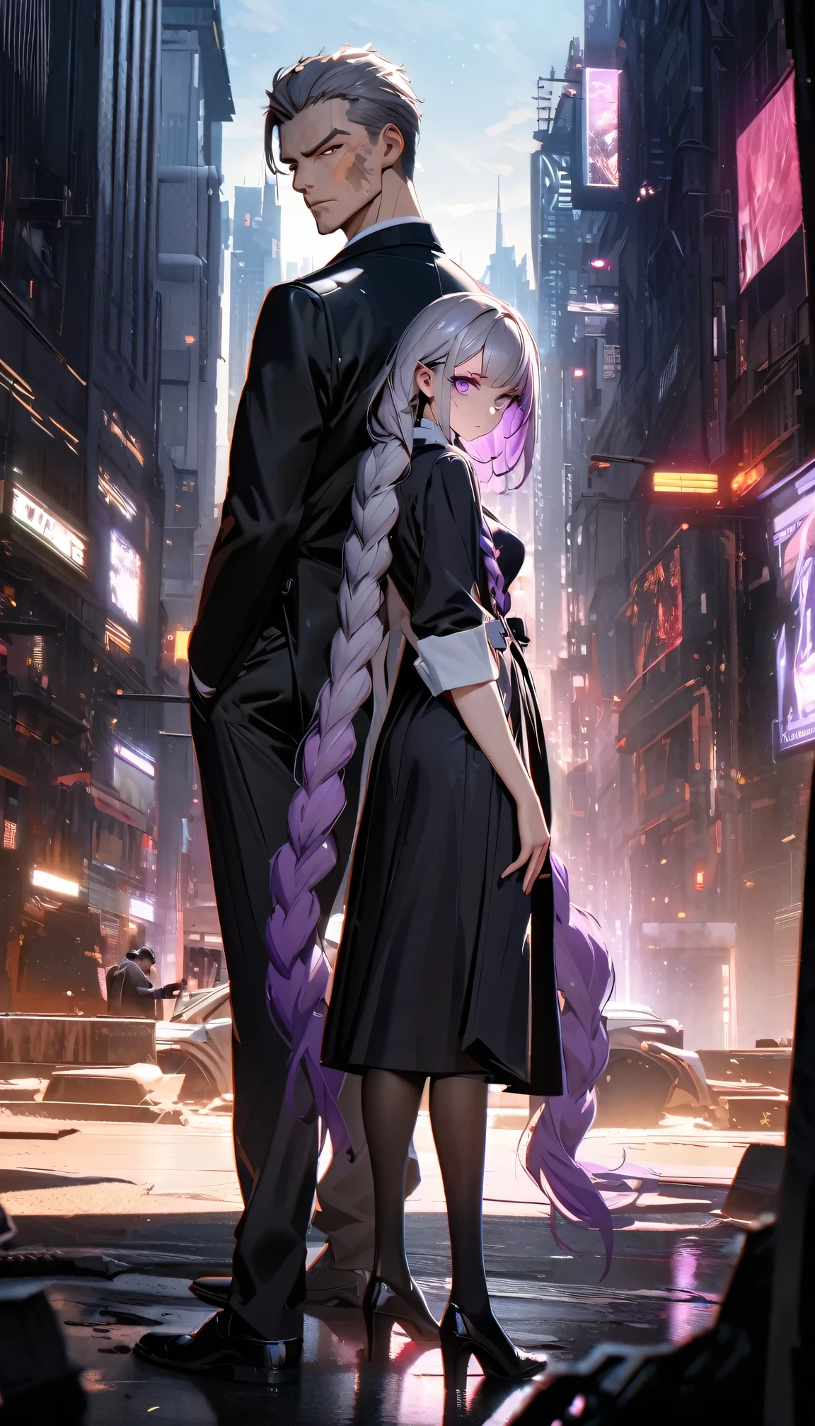 detailed portrait of two secret agent lovers, man and woman standing back-to-back looking at the viewer, yinji , purple hair,purple eyes,very long hair,grey hair,double braid,gradient hair, Full body , cinematic dramatic lighting, high contrast, cool color tones, detailed facial features, intense gaze, elegant classy attire, urban city background, gritty sci-fi atmosphere, masterpiece, 8k, photorealistic
