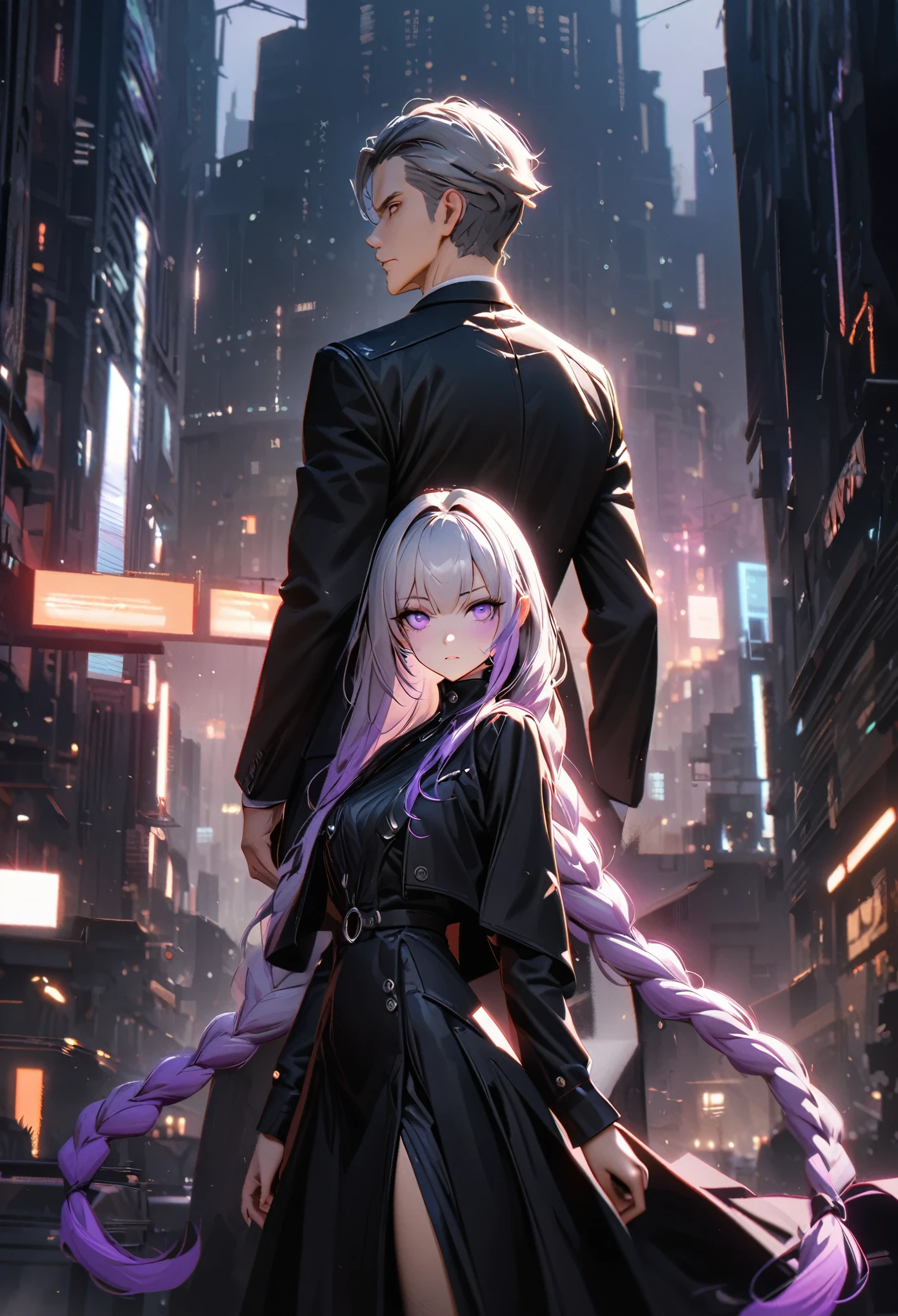 detailed portrait of two secret agent lovers, man and woman standing back-to-back looking at the viewer, yinji , purple hair,purple eyes,very long hair,grey hair,double braid,gradient hair, Full body , cinematic dramatic lighting, high contrast, cool color tones, detailed facial features, intense gaze, elegant classy attire, urban city background, gritty sci-fi atmosphere, masterpiece, 8k, photorealistic