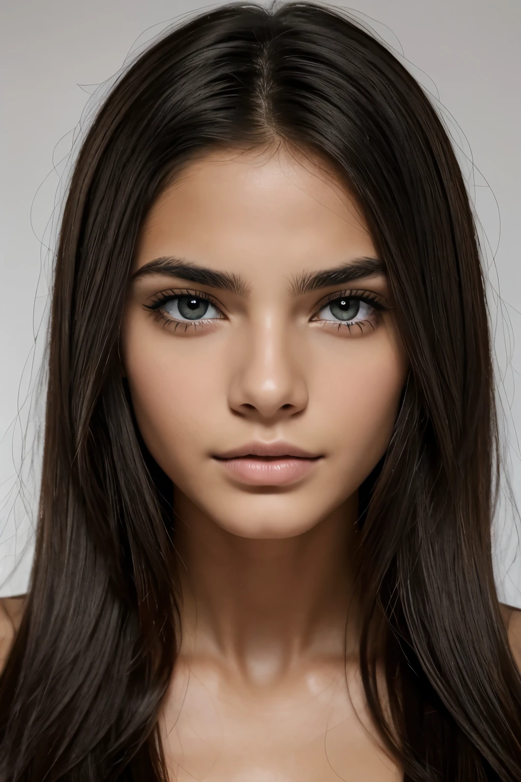 solo, Muy detallado, cara detallada, cabello muy largo, imagen de una hermosa mujer joven, ((pelo negro natural)), hermosos ojos azules naturales, High Definition RAW Photography, Photography, piel blanca labios delgados, cejas naturales. cara de modelo europero con negro lo mas negro posible mas hermosa mirada mas sexy nariz respingada