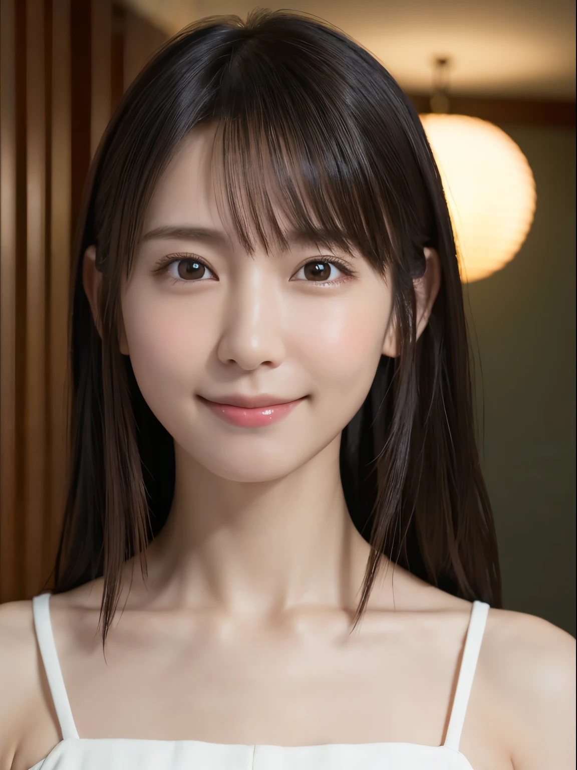 1 Japanese girl, (RAW Photos, highest quality), (Realistic, Realistic:1.4), Tabletop, Very delicate and beautiful, Very detailed, 8k wallpaper, wonderful, In detail, Very detailedなCG Unity, High resolution, Soft Light, Beautiful details 19 years old, Very detailedな目と顔, Beautiful and detailed nose, Beautiful details,Cinema Lighting,Perfect Anatomy,Slender body,smile  (Asymmetrical bangs), Beautiful illustrations, (Natural Side Lighting, Cinema Lighting), (Perfect Anatomy:1.4), Cute and symmetrical face, White skin, Shiny skin, (Casual Fashion)