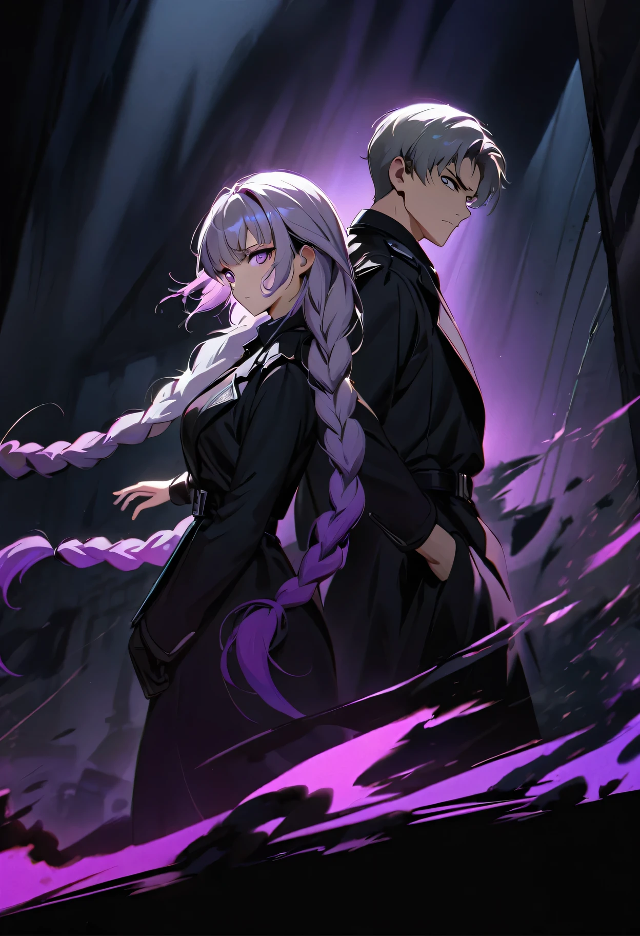 cinematic spy thriller poster, a couple of spies back to back, man and woman standing back-to-back looking at the viewer, yinji , purple hair,purple eyes,very long hair,grey hair,double braid,gradient hair, Full body , high contrast lighting, dramatic shadows, intense facial expressions, covert mission, secret agents, cold war era, action, suspense, intrigue,chiaroscuro lighting, moody atmosphere, cinematic composition, bold color palette, striking poses, tense body language, adventure, mystery, danger
