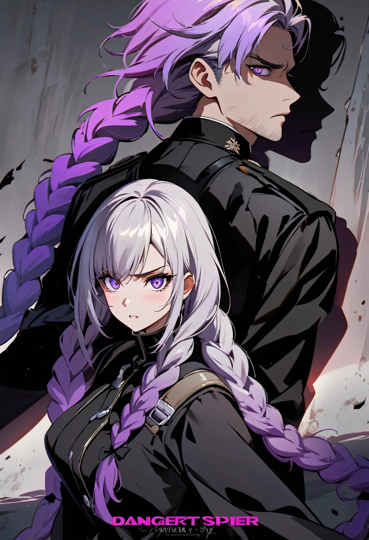 cinematic spy thriller poster, a couple of spies back to back, man and woman standing back-to-back looking at the viewer, yinji , purple hair,purple eyes,very long hair,grey hair,double braid,gradient hair, Full body , high contrast lighting, dramatic shadows, intense facial expressions, covert mission, secret agents, cold war era, action, suspense, intrigue,chiaroscuro lighting, moody atmosphere, cinematic composition, bold color palette, striking poses, tense body language, adventure, mystery, danger
