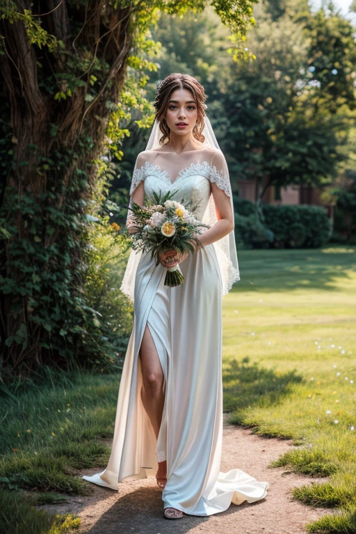 Scene Setting:
- Time: A sunny day in June
- Location: Beautiful natural setting (e.g., a quiet forest, a green meadow, by the lakeside)

Bride's Posture and Attire:
- Attire: Traditional and elegant wedding dress
- Posture: Quiet and slightly melancholic; sitting under a tree, standing by the lakeside, or walking through a flower-filled meadow

Expression and Gestures:
- Expression: Reflective and slightly sad; gazing into the distance or looking down
- Gestures: Subtle; covering her face with one hand, gently holding the hem of her dress

Environmental Details:
- Surroundings: The beauty of June's nature; blooming flowers, lush greenery, calm lake
- Additional Elements: Flower petals blowing in the wind, soft sunlight filtering through trees

Background and Atmosphere:
- Background: Expansive scenery and natural beauty enhancing the bride's sense of solitude
- Atmosphere: A mix of tranquility and beauty with a melancholic touch

Lighting and Composition:
- Lighting: Natural light, with soft light gently illuminating the bride's dress and face
- Composition: Bride centered, with the beautiful landscape spreading out in the background

Accessories and Additional Elements:
- Accessories: A simple bouquet in the bride's hands, symbolizing her loneliness
- Additional Elements: Veil blowing in the wind, scattered flower petals at her feet

Facial Features and Makeup:
- Beauty Style: Natural and beautiful facial features; makeup is subtle, enhancing her natural beauty
- Hair: Soft waves, styled in a half-up or loosely gathered manner
