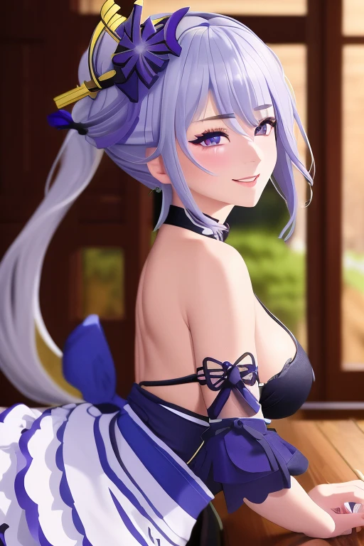 
1girl,raiden shogun,genshin impact,
seductive smile,  from side, head back, looking at viewer,  half-closed eyes, close up on upper body,
maid outfit,
cafe,, (masterpiece:1.2),(best quality:1.2), (absurdres:1.2), (detailed background),newest, ai-generated,
