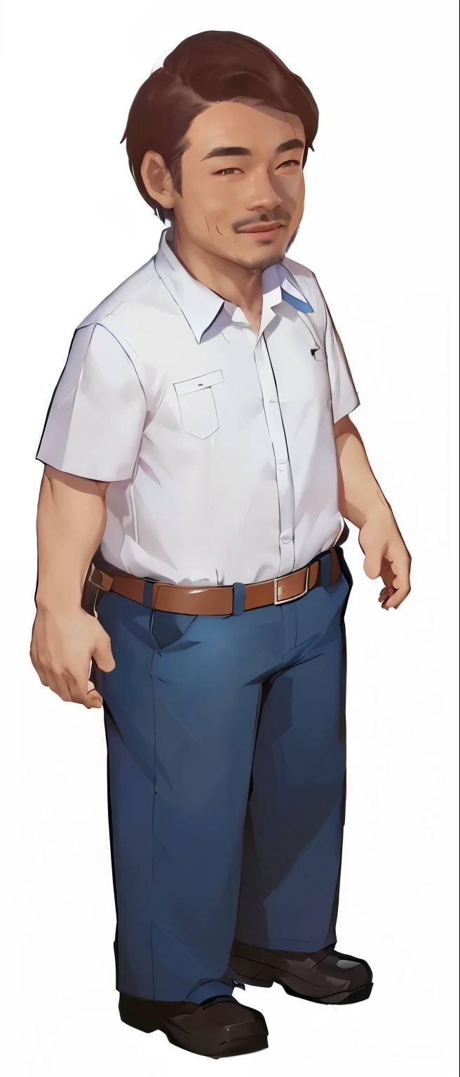 Cartoon of man wearing white shirt and blue pants, Xin Jiacheng, 官方Character art, Full body portrait, Full body character portrait, ( ( Character Concept Art ) ), Detailed anime character art, Full body portrait, Single character full body, Full body single character, Full body character, Character art, Male anime characters, main character