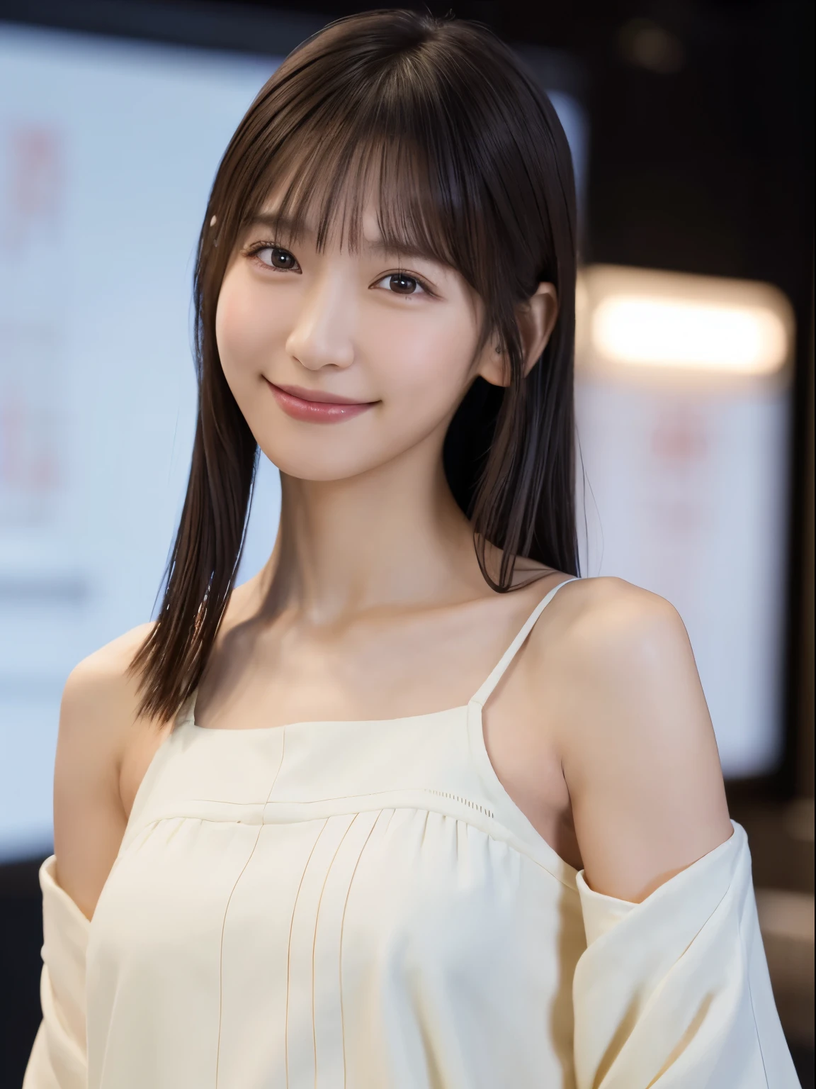 1 Japanese girl, (RAW Photos, highest quality), (Realistic, Realistic:1.4), Tabletop, Very delicate and beautiful, Very detailed, 8k wallpaper, wonderful, In detail, Very detailedなCG Unity, High resolution, Soft Light, Beautiful details 19 years old, Very detailedな目と顔, Beautiful and detailed nose, Beautiful details,Cinema Lighting,Perfect Anatomy,Slender body,smile (Asymmetrical bangs), Beautiful illustrations, (Natural Side Lighting, Cinema Lighting), (Perfect Anatomy:1.4), Cute and symmetrical face, White skin, Shiny skin, (Casual Fashion)