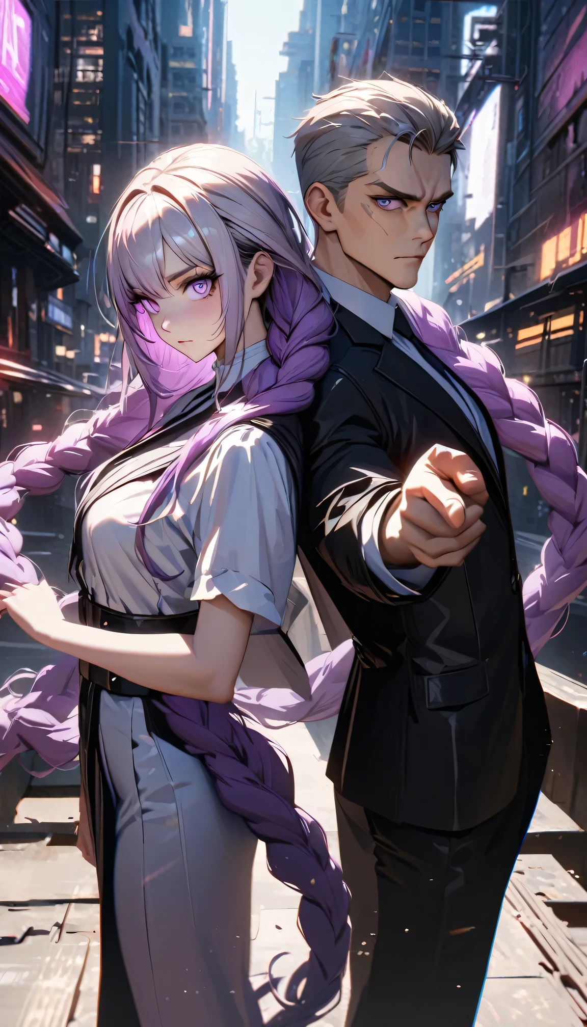 detailed portrait of two secret agent lovers, man and woman standing back-to-back looking at the viewer, yinji , purple hair,purple eyes,very long hair,grey hair,double braid,gradient hair, Full body , Pointing at the camera, cinematic dramatic lighting, high contrast, cool color tones, detailed facial features, intense gaze, elegant classy attire, urban city background, gritty sci-fi atmosphere, masterpiece, 8k, photorealistic