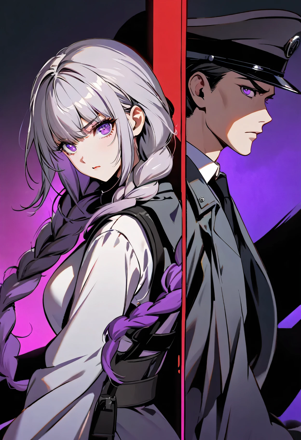 cinematic spy thriller poster, a couple of spies back to back, man and woman standing back-to-back looking at the viewer, yinji , purple hair,purple eyes,very long hair,grey hair,double braid,gradient hair,  high contrast lighting, dramatic shadows, intense facial expressions, covert mission, secret agents, cold war era, action, suspense, intrigue,chiaroscuro lighting, moody atmosphere, cinematic composition, bold color palette, striking poses, tense body language, adventure, mystery, danger