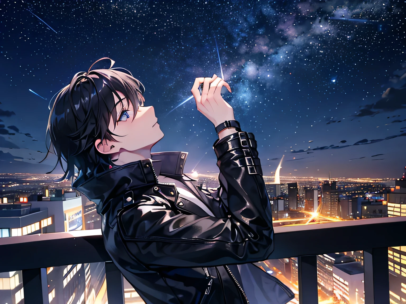 Young man looking up at the sky、 eye、City night view、Beautiful night sky、Big shooting star、Black leather jacket、Black Hair